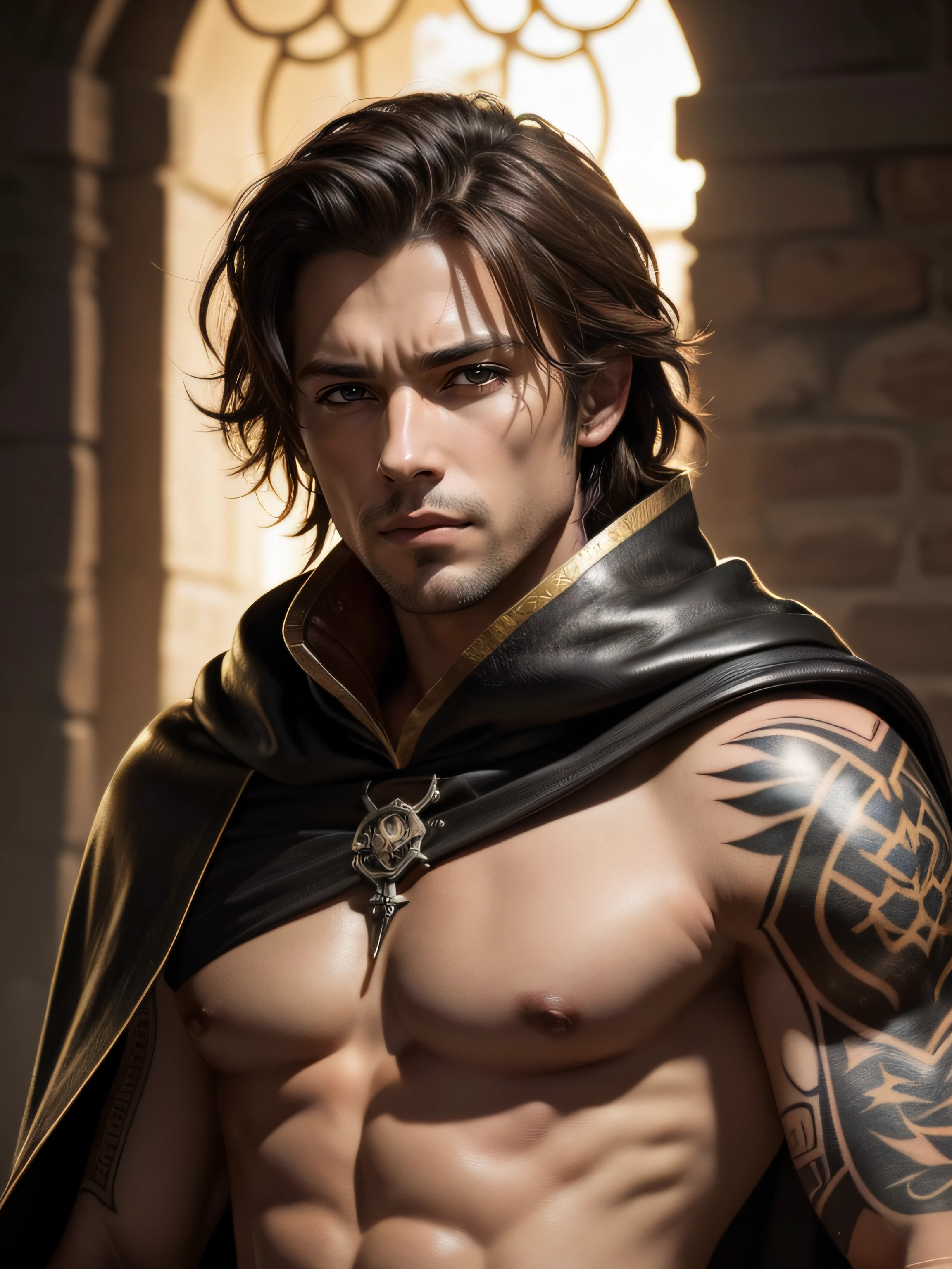 the highest quality, detailed image, colorful, vivid colors, solo, detailed face, male, shirtless, brown hair, medieval rogue, leather armor with decorations, daggers, inside old castle, glossy skin, cloak, gilded, royal, wolf, wolves, desert theme, tattoos, black accents,