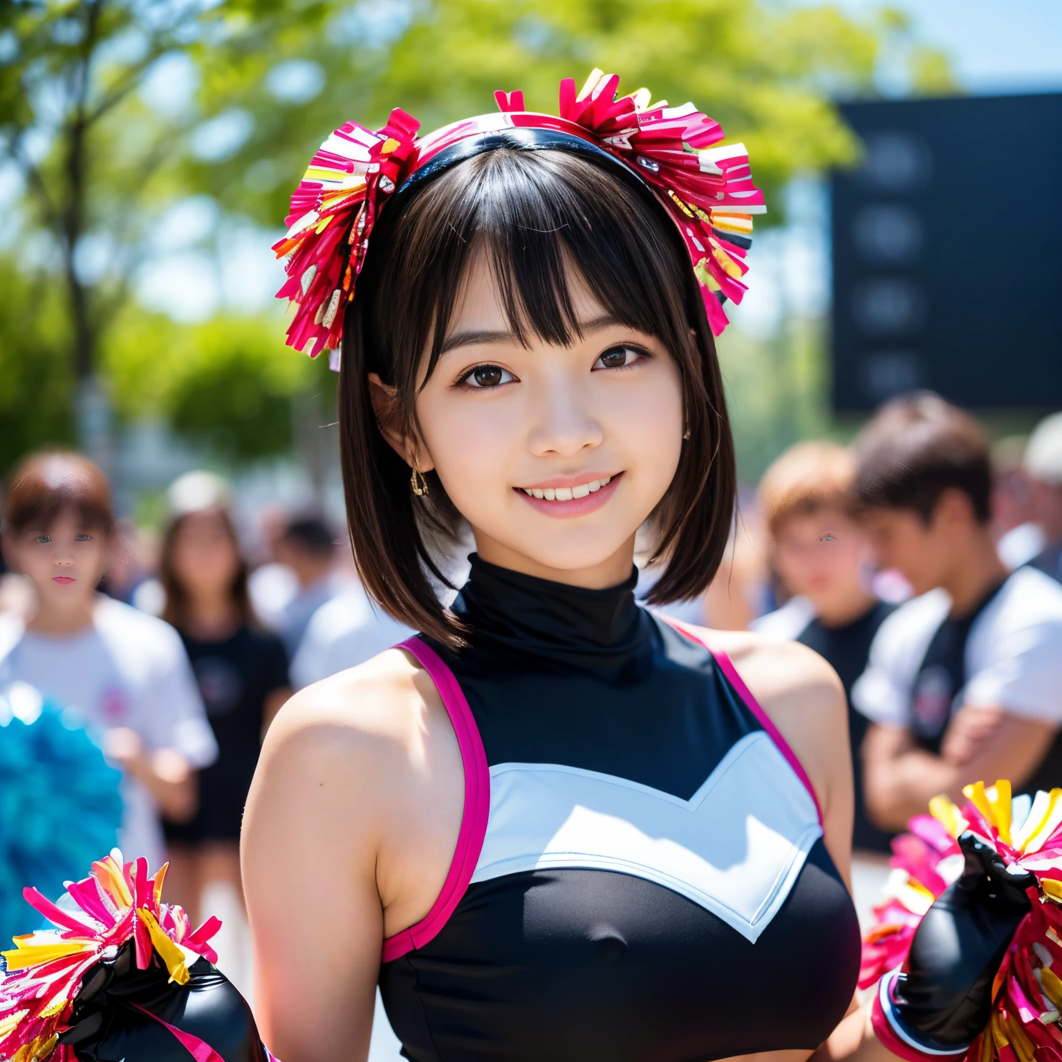 Best Quality, master piece, ultra high resolution, (Photorealsitic:1.4), Raw photo, Extremely-Details, Perfect-Anatomy, 1girl, ((, the most popular Japanese idol, wearing colorful-cheerleader-costume with cute design)), portrait, ((extremely cute face like a most famous Japanese idol, extremely beautiful big black solid circle eyes)), extremely beautiful black short-cut-haired, innocent smile, dynamic pose, extremely beautiful realistic skins, detailed cute face, detailed beautiful big black solid circle eyes, detailed beautiful short-cut-haired, detailed beautiful realistic skins, detailed colorful-cheerleader-costume with cute design