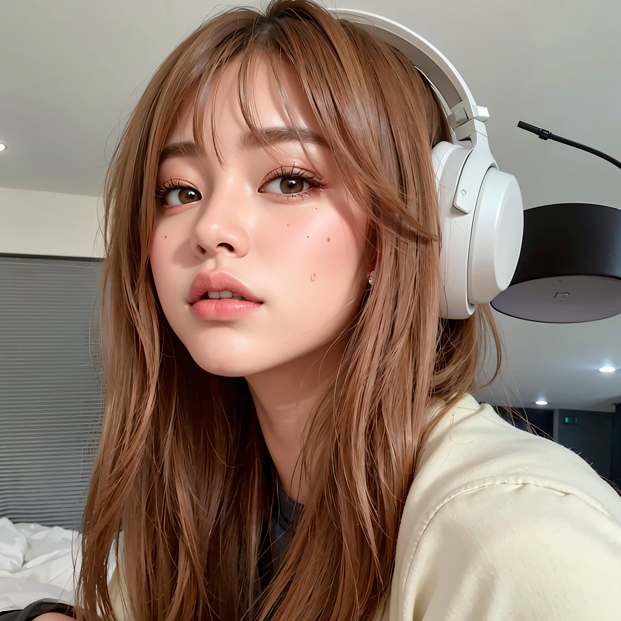un primer plano de una mujer con auriculares sentada en una cama, Lalisa Manobal, Lalisa Manoban de Blackpink, Jossi de Blackpink, Parque Roseanne de Blackpink, con auriculares, con flequillo, El Corte Hime, Parque Ji-min, Blackpink Jennie, flequillo esponjoso, tzuyu de dos veces, con cara redonda, Retrato de Jossi de Blackpink