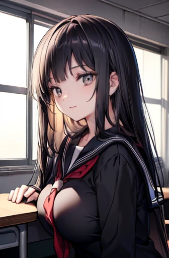 18year old、girl with、1 person、large and beautiful breasts、High school students、(long black hair girl、Pitch black sailor suit、put your hands on your thighs、from the front side、Looking up)A slight smil、Sitting at a desk at school、Pinch your chest with your upper arms、