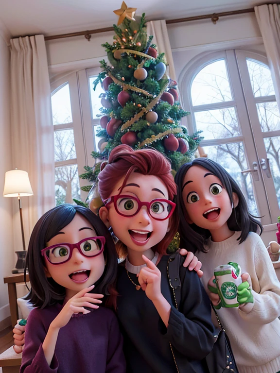 there are three girls that are posing for a picture in front of a christmas tree, with a tree in the background, very silly looking, taken in the early 2020s, happy!!!, trees!!, family photo, trees in the background, taken in 2 0 2 0, in a tree, goth family, 4k still, 8k selfie photograph