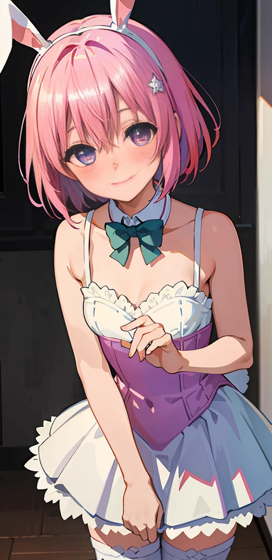 (top-quality:1.1), (​masterpiece:1.4), (absurderes:1.0), portlate, a closeup,
1girl in、Momovelia Deviluk、cut hair ornament、Shorthair pink hair、a purple eye、Medium chest、looking at the viewers、(red blush:1.2)、A smile、White rabbit ear headband、White Bunny Girl、a bow tie、fishnet tights、devilish tail，stage
