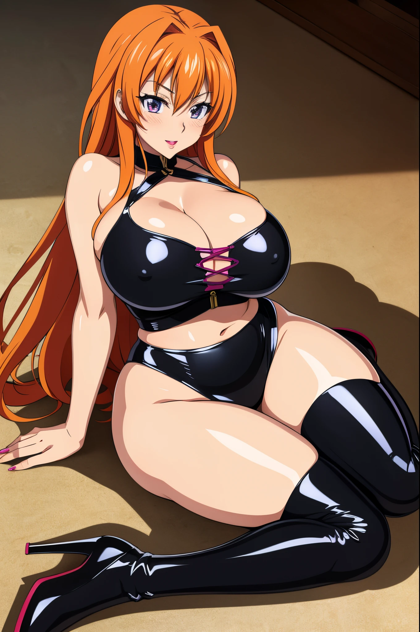 Masterpiece, high resolution, beautiful detailed face, Highschool Dxd art style, Irina Shidou, 1 girl, ((bimbo))), long orange hair, purple eyes, thick lips, painted lips, erotic smile face, blushing, wide hips, thick thighs, thick, huge breast, huge round ass, oily shiny skin, black suit, revealing cleavage, fashion show, legs, high heels,