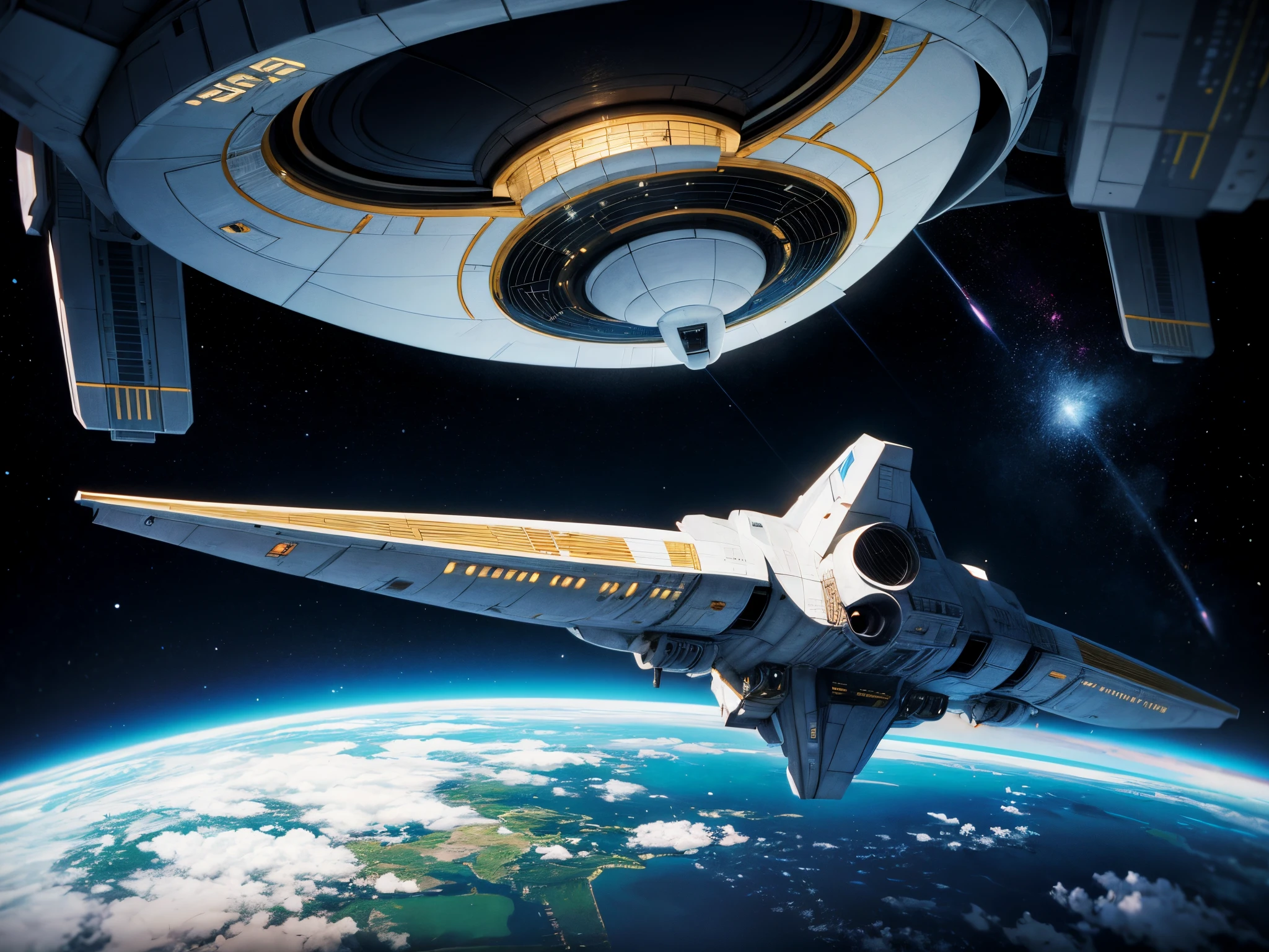 Illustrate the starship Enterprise NCC-1701-D from "Star Trek: The Next Generation" exploring distant galaxies in a sleek and futuristic style, inspired by the work of concept artists like Ryan Church or John Eaves. enormous tits