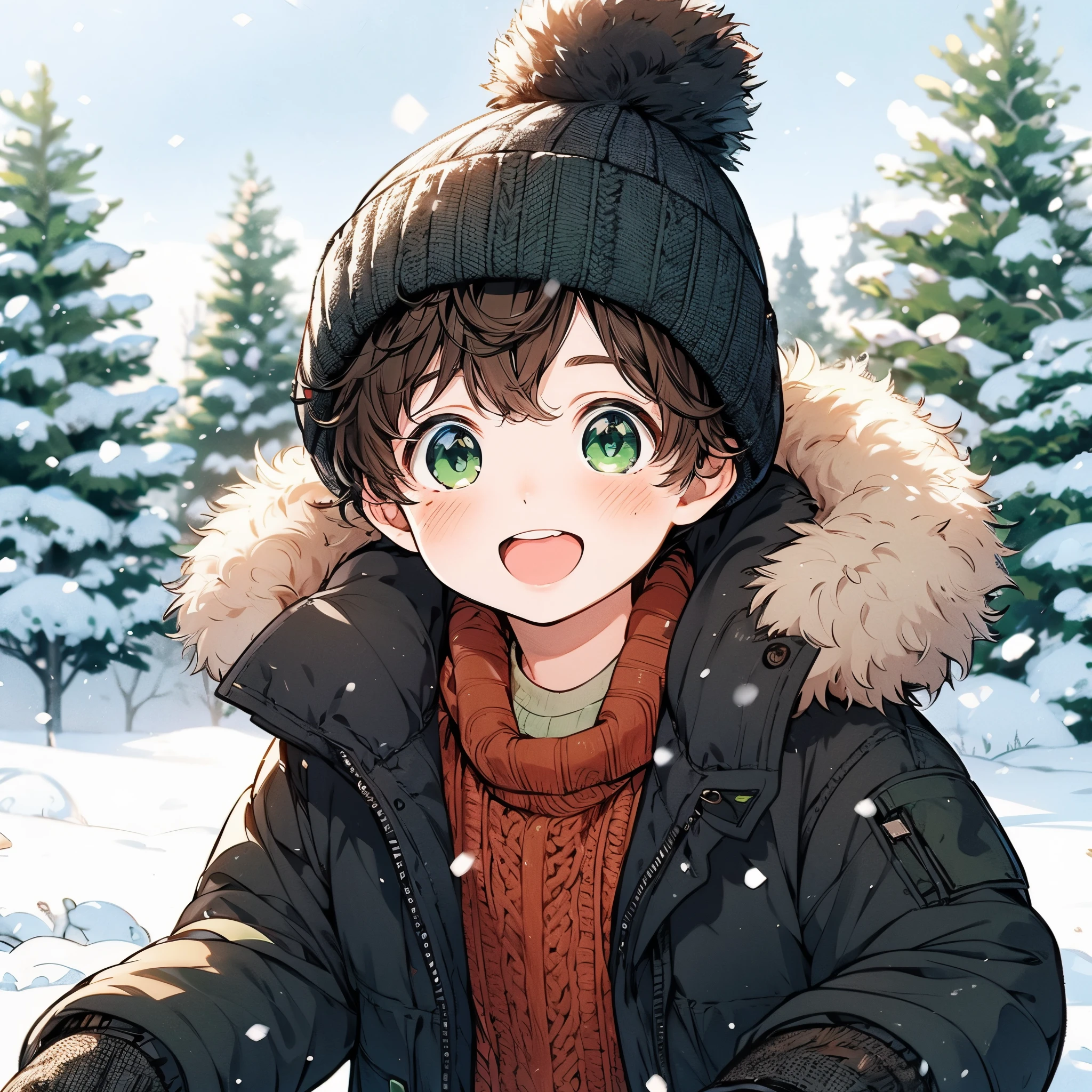 Beautiful boy, Brown hair, Green eyes, knit hat, Down coat, Playing in the snow, The tree々or snowy field background, Fun, Happy, yuki,High quality, amount of drawing, pixiv illustration