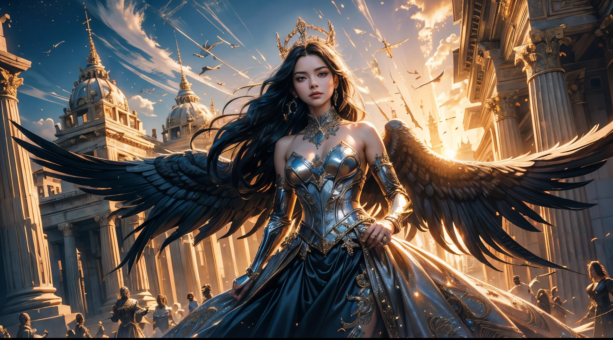 tmasterpiece,top-quality,Best quality at best,offcial art,(Beauty and aesthetics:1.2),(tmasterpiece:1.3), (8K, realistically, RAW photos, Best quality at best: 1.4), beauitful face, (photorealiscic face),超高分辨率, ultra real photo, The content is very detailed, the golden ratio, (with dynamism:1.3),(saturate:1.3),illusory engine, (high detal: 1.9),(femele:1.4),(Large breasts),a mature female,angelic halo,feathered wings,Gorgeous armor,destroyed city in background,Medium portrait,theatrical,(magia),(medieval times:1.8),(Glowing sword:1.5)
