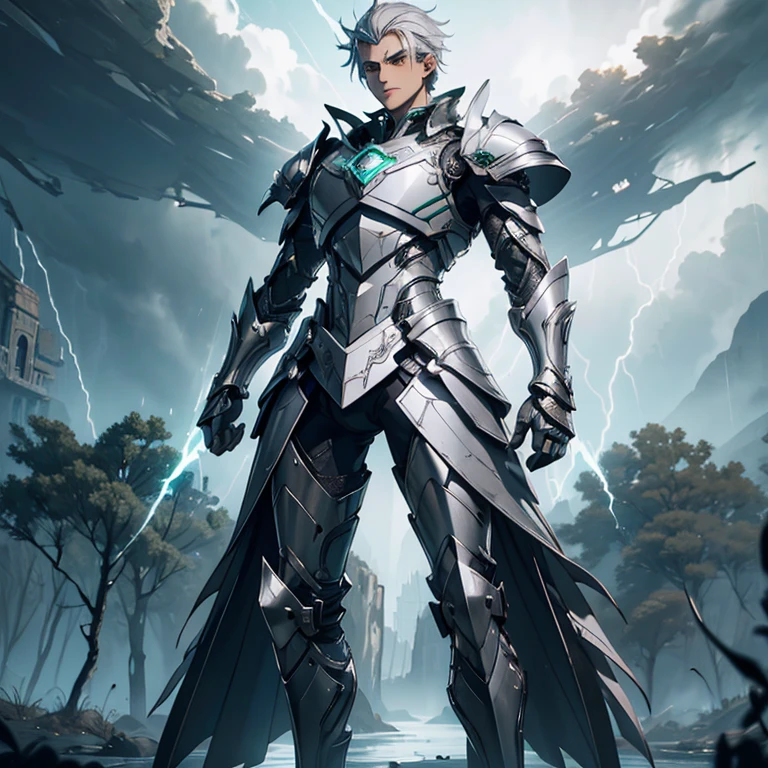 Master piece, 8k, ultra detailed, silver armor, emerald encrusted, slender man, light grey hair, cyan eyes, haughty face, full body frame, hurricane and lightnings background