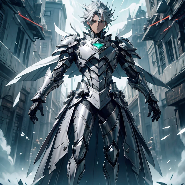 Master piece, 8k, ultra detailed, silver armor, emerald encrusted, slender man, light grey hair, cyan eyes, haughty face, full body frame, hurricane and lightnings background