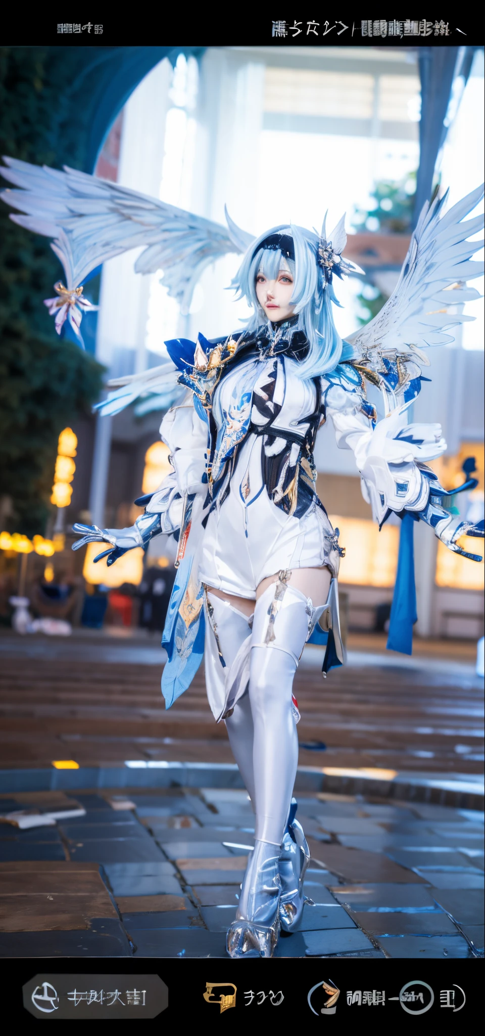 Fide woman in white dress and wings walking down the street, animemanga girl , Japanese cartoon , a gorgeous , attractive cleavage , elegant and charming , cgstation trends, anime figure; Full-body art, serafina ali kda, professional , styled like ghost in the shell, full body xianxia, propaganda