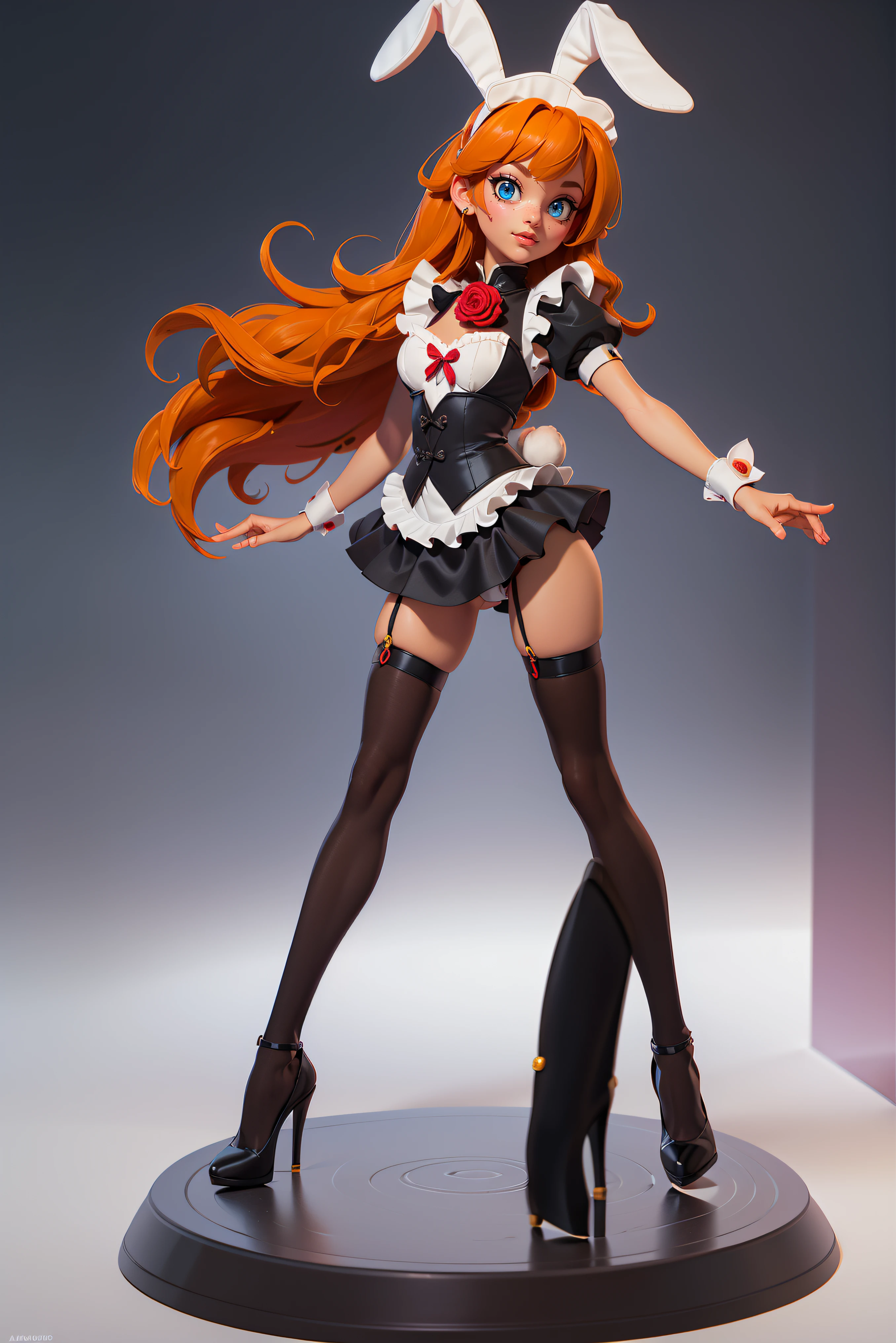 masterpiece, high res, 4k, (perfect anatomy:1.5), perfect long legs, perfect arms, white bunny ears, long ginger hair, maid outfit, (black stockings), black high heels, cute face, rose cheeks, tiny body, sexy pose, sexy body