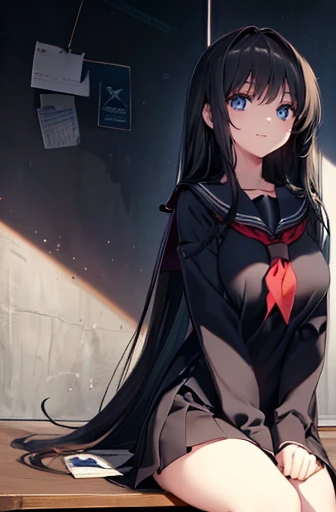 18year old、girl with、large and beautiful breasts、Blue eyes、High school students、1 person、(long black hair girl、Pitch black sailor suit、put your hands on your thighs、from the front side、Looking up)A slight smil、schools、Sitting on a desk、Pinch your chest with your upper arms、