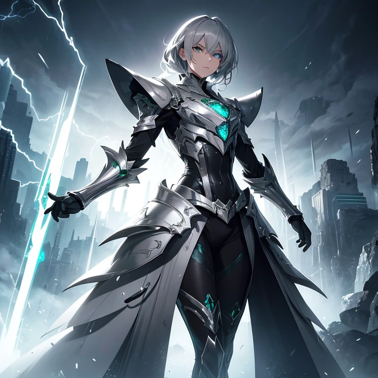 Master piece, 8k, ultra detailed, silver armor, emerald encrusted, slender man, light grey hair, cyan eyes, haughty face, full body frame, hurricane and lightnings background
