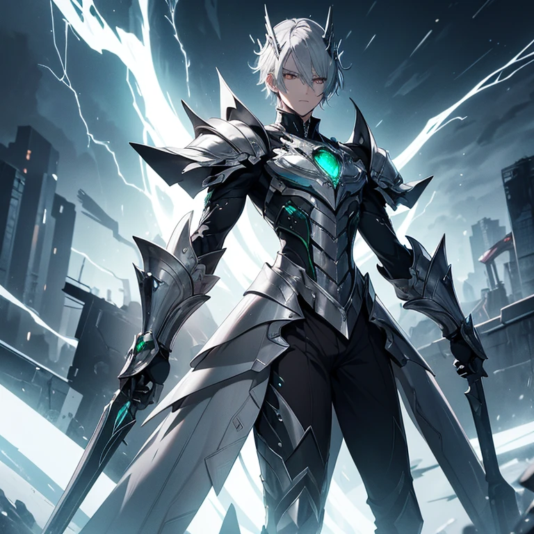 Master piece, 8k, ultra detailed, silver armor, emerald encrusted, slender man, light grey hair, cyan eyes, haughty face, full body frame, hurricane and lightnings background