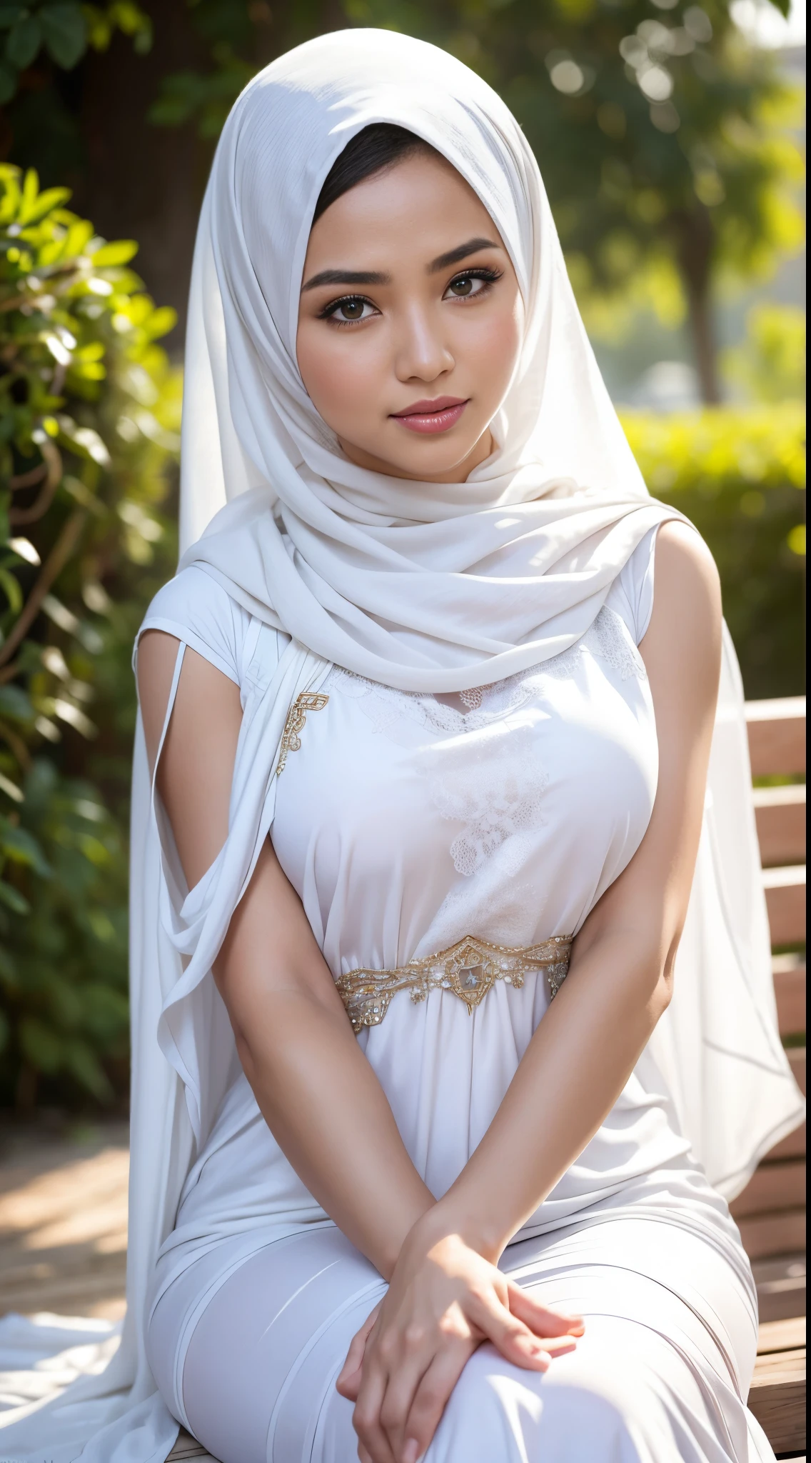 (highres, realistic, professional), beautiful woman, white hijab, proportional breasts, beautiful buttocks, open thighs, visible vagina, soft natural lighting, delicate details, feminine elegance, graceful pose, lush green garden, vibrant flowers, peaceful atmosphere, gentle breeze, serene expression, clear blue sky, dappled sunlight, subtle shadows, refined beauty, radiant complexion, captivating eyes, warm color palette, ethereal ambiance.