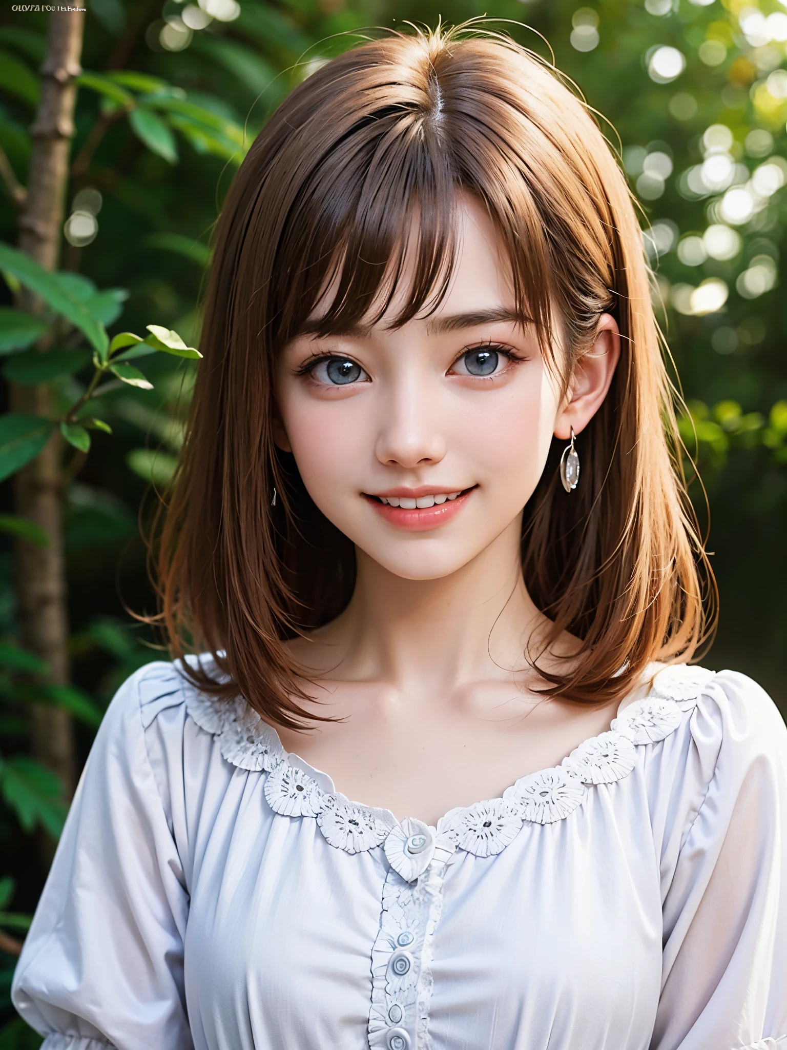 (masuter piece、Best Quality、masutepiece、Cute symmetrical face、Norse man、1 girl)、Beautiful shiny beautiful blonde hair with bangs、Intense crystal light blue eyes、Beautiful white skin without earrings、5ars old、Little pretty girl、Cute white outfit、Very pretty girl、happily laughing、Smile happily、The best smile、Beautiful teeth、Beautiful teeth alignment、Beautiful skins、Staring into the distance on the left、Forest with light on beautiful nature background、Deities々Deep forest background、cowboy shot