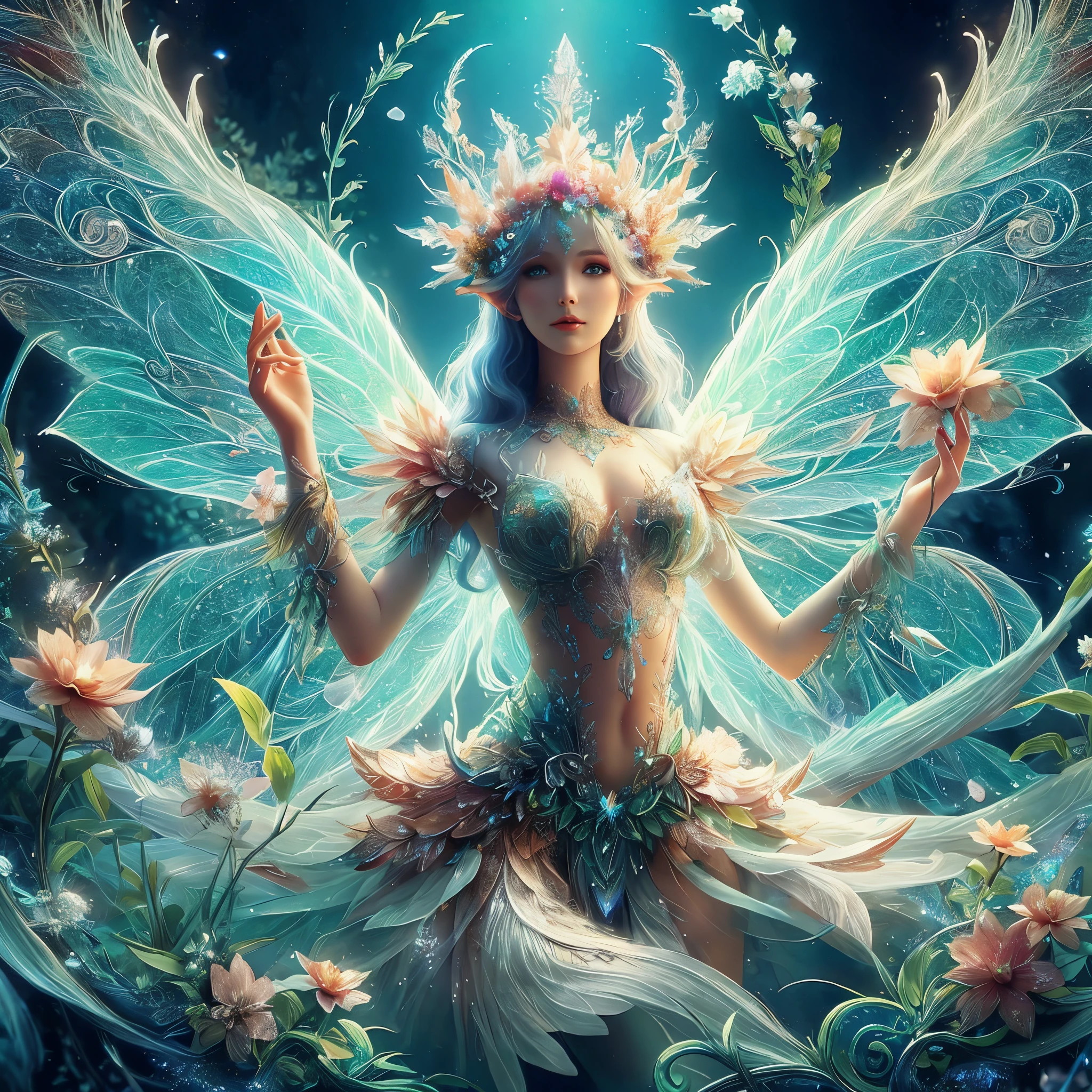 a woman with a flower crown and wings in a garden, beautiful fairy, beautiful fantasy art, very beautiful fantasy art, beautiful  fairy, queen of the fairies, beautiful fairies, beautiful fairie, astral fairy, fairy queen, beautiful  fairy queen, breathtaking fantasy art, detailed fantasy digital art, faerie, fairy magnificent, beautiful faery sorceress