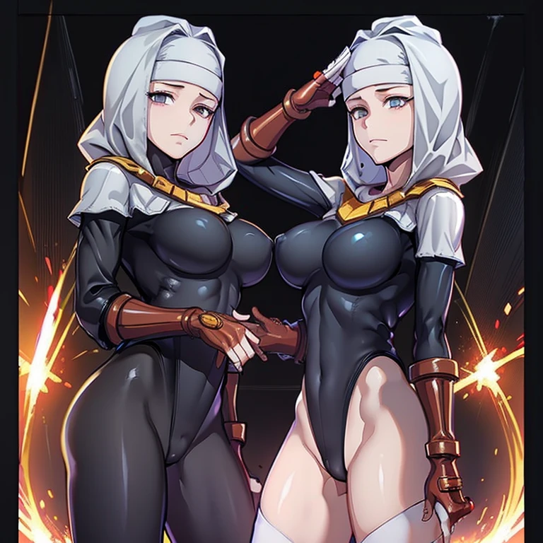 Masterpiece, Best Quality, Highly detailed, illustration, absurdres, street fighter, doll suit, shadaloo doll, ???? saluting, military, military saluting, salute, 3girls, teams, expressionless, emotionless eyes, looking at viewer, red gloves, emotionless, black latex, corrution, zofa suit, zofa soldier, mind control, female combatant, full body, hypnotized, standing, standing at attention, unhappy trance, full body suit, leotard, eagle emblem, belt, sessyoin kiara, fate grand order, black hair, golden eyes, buddha