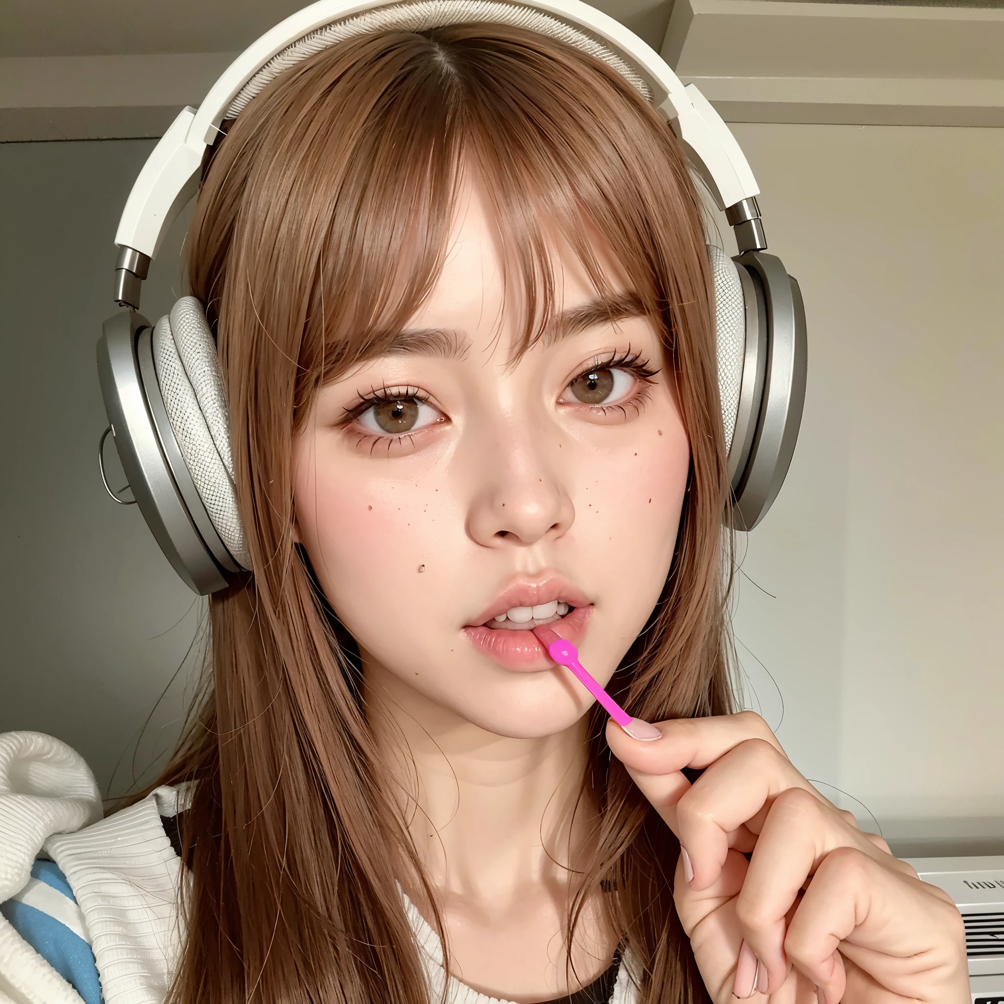 There is a girl with headphones brushing her teeth., ulzzang, Lalisa Manobal, Lalisa Manoban de Blackpink, Chica de anime en la vida real, Hermosa Delphine, Chica coreana, Retrato realista kawaii, con auriculares, vibraciones de anime, Linda chica kawaii, maquillaje popular de Corea del Sur, Chica Lofi, con flequillo completo, con flequillo
