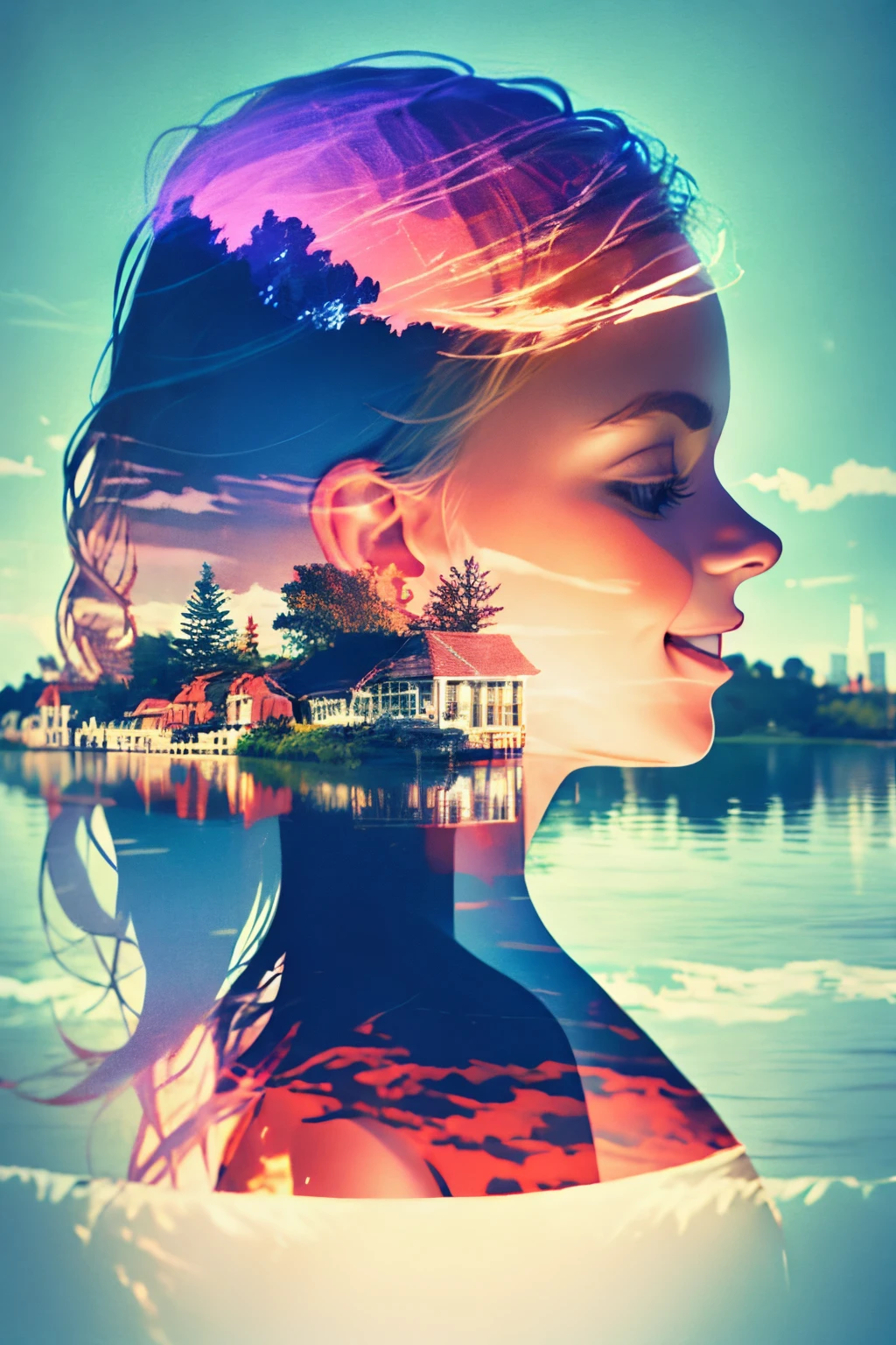 Use your imagination with this visually illustrated prompt, A girl with a bright smile appears, Her attire is、A perfect match for the enchanting lakeside backdrop, Enhanced with mesmerizing multiple exposure effects.