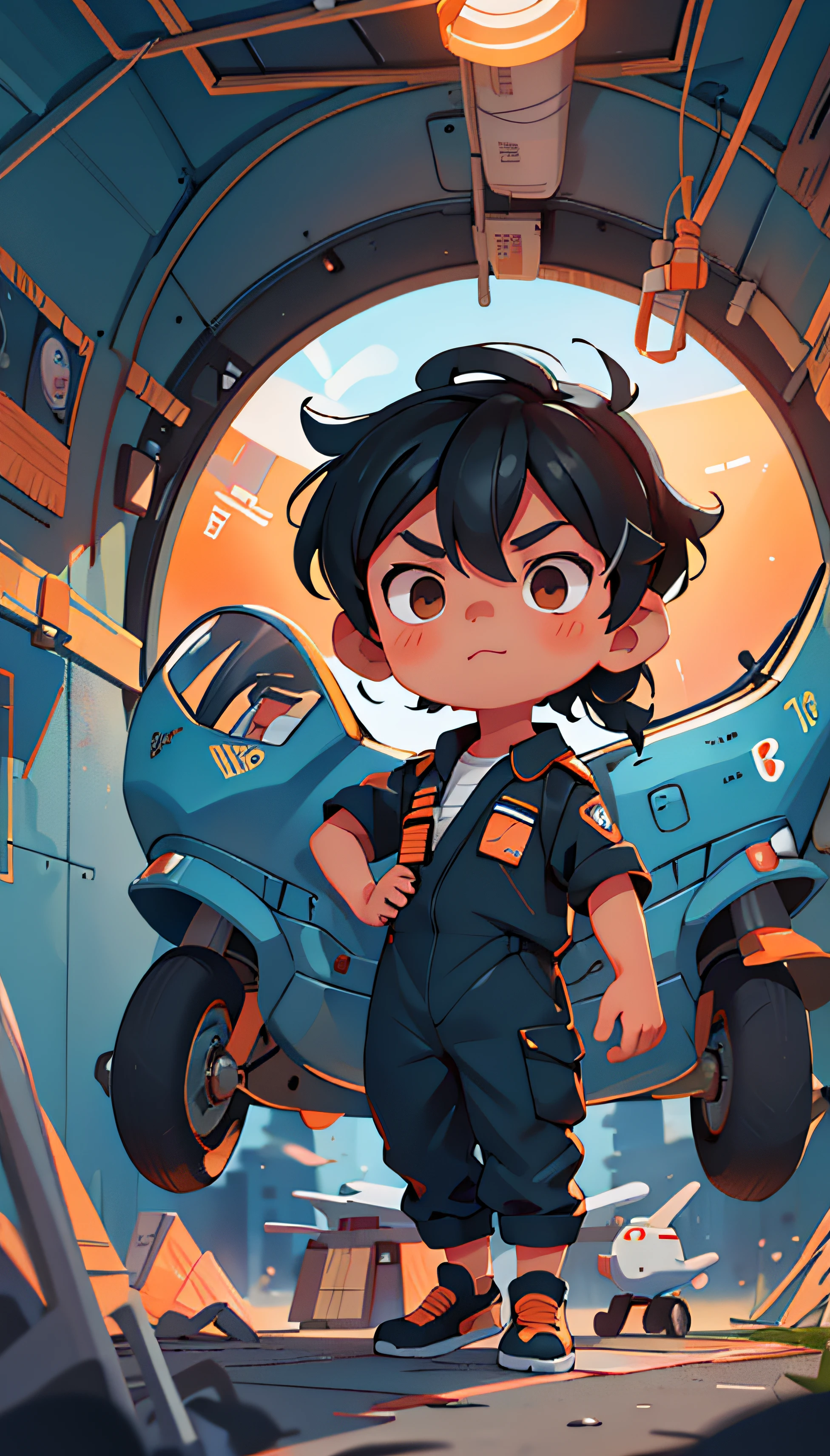 raw, 8K, tmasterpiece, Background with, Best quality, ultra - detailed, lamplight, 1 , aircraft maintenance personnel,Xiamen Airlines, 黑The eye, black hair color hair, orange colors, with a round face, blue jumpsuit, repair airplane,cockpit