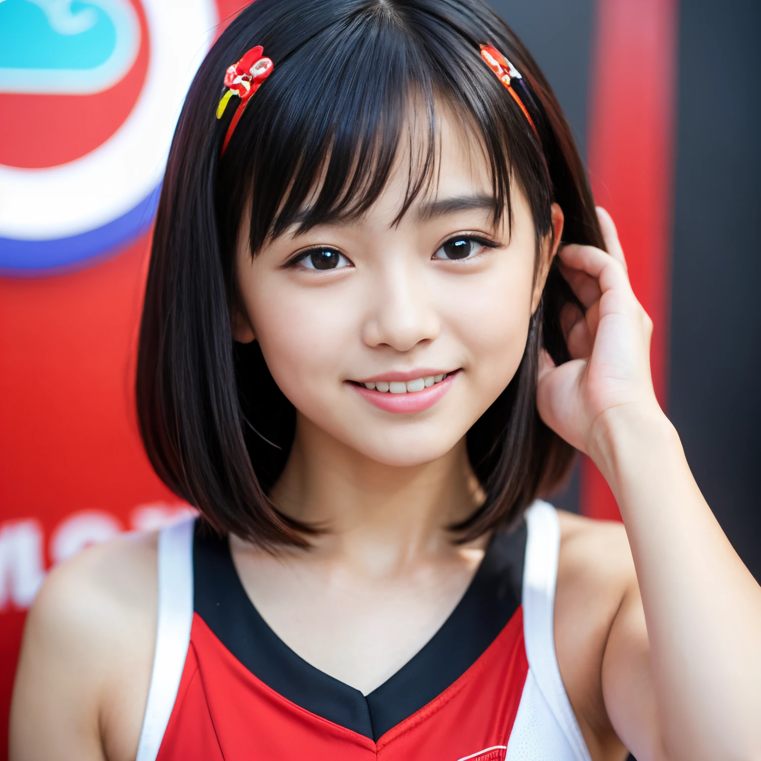 Best Quality, master piece, ultra high resolution, (Photorealsitic:1.4), Raw photo, Extremely-Details, Perfect-Anatomy, 1girl, , the most popular Japanese idol, wearing colorful-cheerleader-costume with cute design, portrait, face focus, close-up, ((extremely cute face like a most famous Japanese idol, extremely beautiful big black solid circle eyes, extremely beautiful black short-cut-haired, innocent smile)), extremely beautiful realistic skins, detailed cute face, detailed beautiful big black solid circle eyes, detailed beautiful short-cut-haired, detailed beautiful realistic skins, detailed colorful-cheerleader-costume with cute design