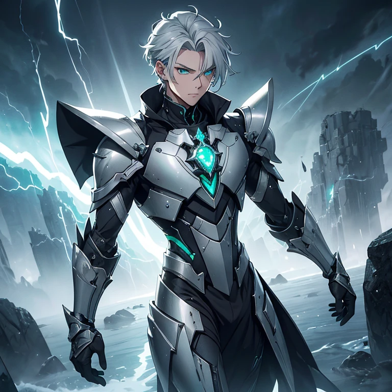 Master piece, 8k, ultra detailed, silver armor, emerald encrusted, slender man, light grey hair, cyan color eyes, haughty face, full body frame, hurricane and lightnings background