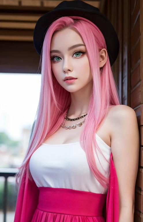 young woman, porcelain skin, long bubblegum pink hair, big pink lips, big emerald green eyes, pink eyebrows, red clothes, Sakura Haruno, 3d, realism, black gloves