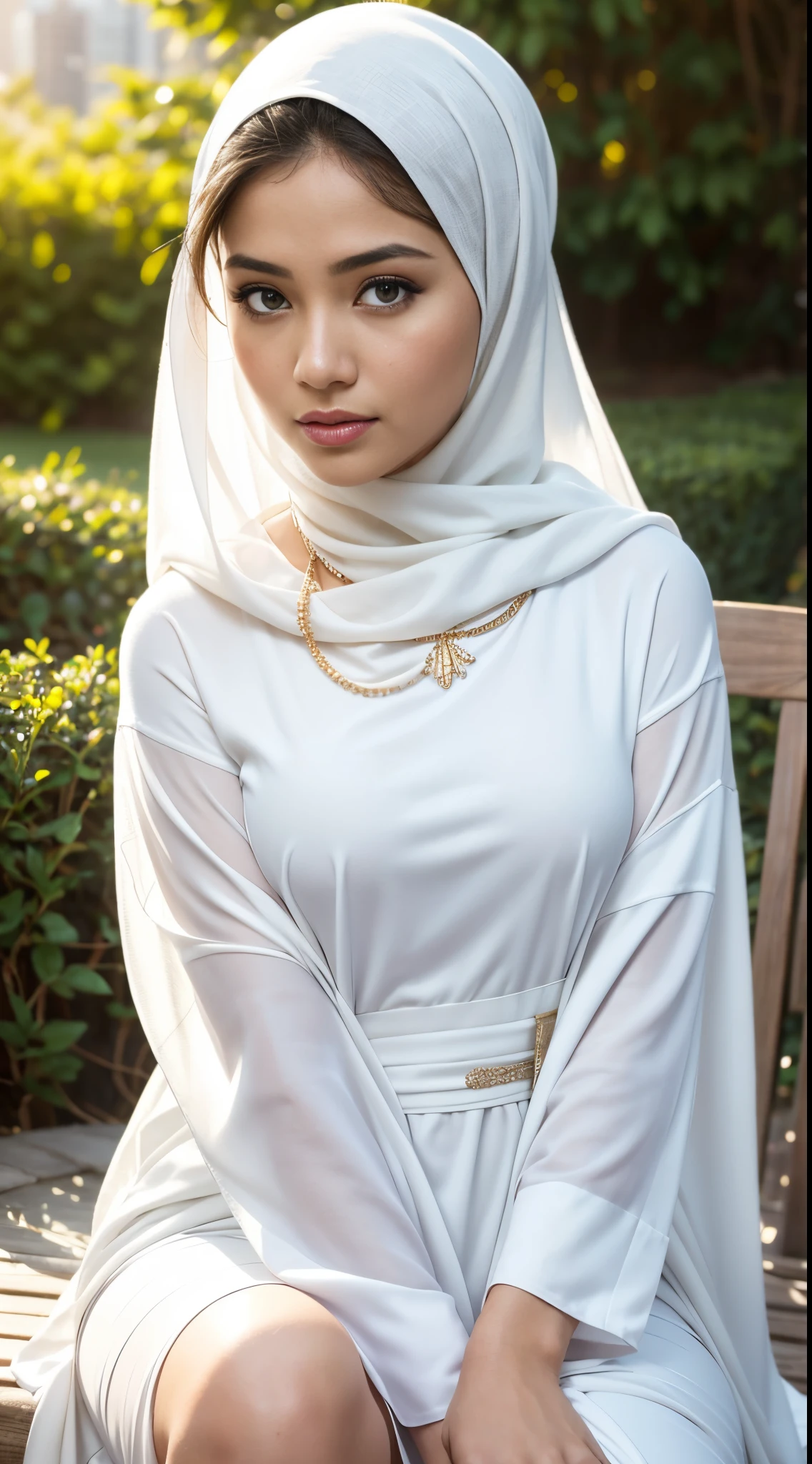 (((best quality))),(((ultra detailed))),(((masterpiece))),illustration,((1 Arabian girl,solo)),((slim,thin,small breasts,flat chest)),summer,(in desert:1.3),white headscarf,(white abaya:1.3),slender legs,(arms behind back:1.2),radiant smile,fair complexion,sun rays,gentle breeze,elegant attire,vast expanse,golden sand,azure sky,dunes,stillness,graceful elegance,((from front,upper body)),