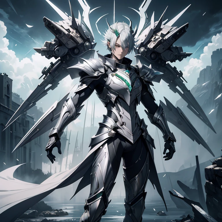 Master piece, 8k, ultra detailed, silver armor, emerald encrusted, slender man, light grey hair, cyan eyes, haughty face, full body frame, hurricane and lightnings background