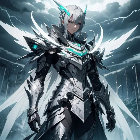 master piece, 8k, ultra detailed, silver armor, emerald encrusted, slender man, light grey hair, cyan eyes, haughty face, full b...