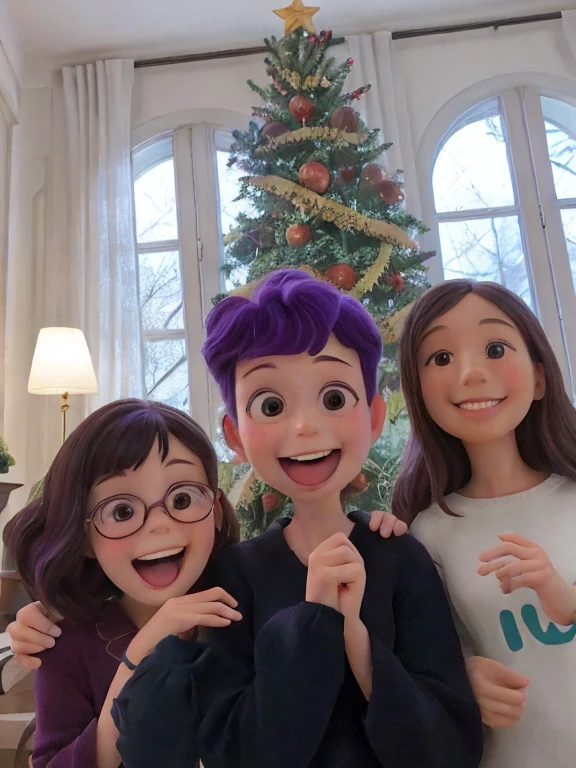 there are three girls that are posing for a picture in front of a christmas tree, with a tree in the background, taken in the early 2020s, very silly looking, family photo, happy!!!, taken in 2 0 2 0, non blurry, having a great time, trees in the background, not blurry, snapchat photo, profile pic, purple hair, pajamas