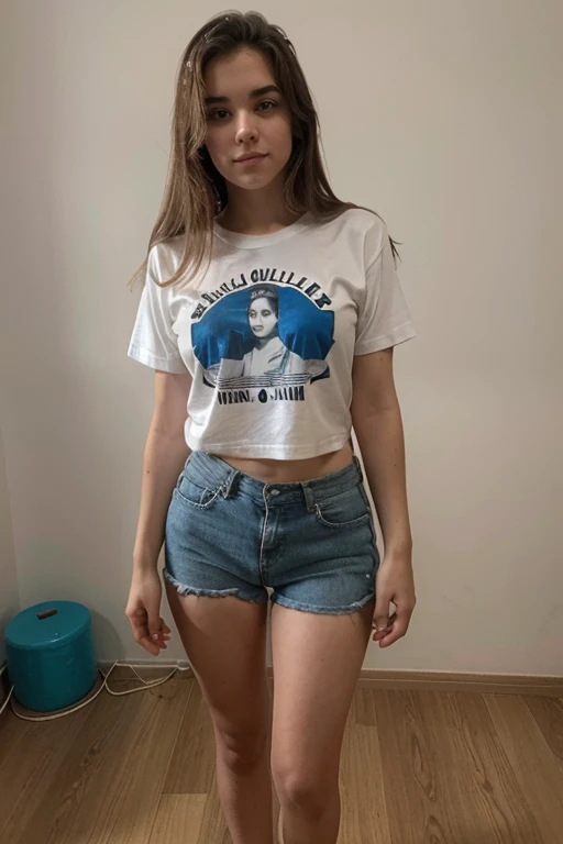 fotografia de uma mulher de 19yo, rosto perfeito, standing on her feet, de camiseta