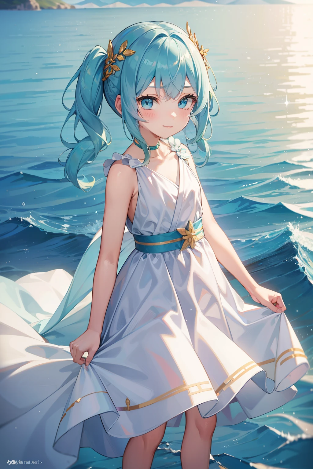 (high-quality, breathtaking),(expressive eyes, perfect face) 1girl, female, solo, ddler, light blue hair, green coloured eyes, stylised hair, gentle smile, long length hair, loose hair, side bangs, curley hair, spiky hair, pigtails, looking at viewer, portrait, ancient greek clothes, long white dress, sleeveless dress, greek dress, blue and gold sash, ocean background, laurel on head