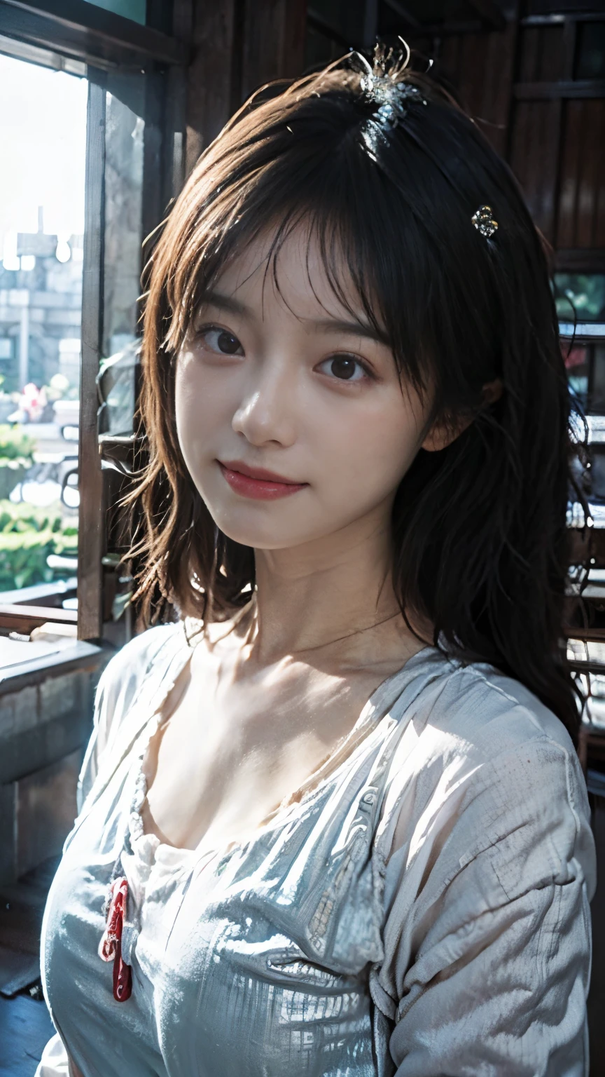 best qualtiy, 超高分辨率, (realisticlying:1.4),cute hairpin,Baoyu Girl,Stand in the wedding hall,Wearing a red wedding dresust bust:1.9) ,A pair of clear and moving peach blossom eyes,Royal Sister,sunshine on face,Big wavy hairstyle,(choker necklace:1.2),(Fair skin:1.4),a sense of atmosphere,a beauty girl, Charming smile,head straight-looking at viewer, closeup cleavage ,(Photorealistic:1.4),1girll,Sexy,(Upper body:1.4),(Wet body),(:1.2)