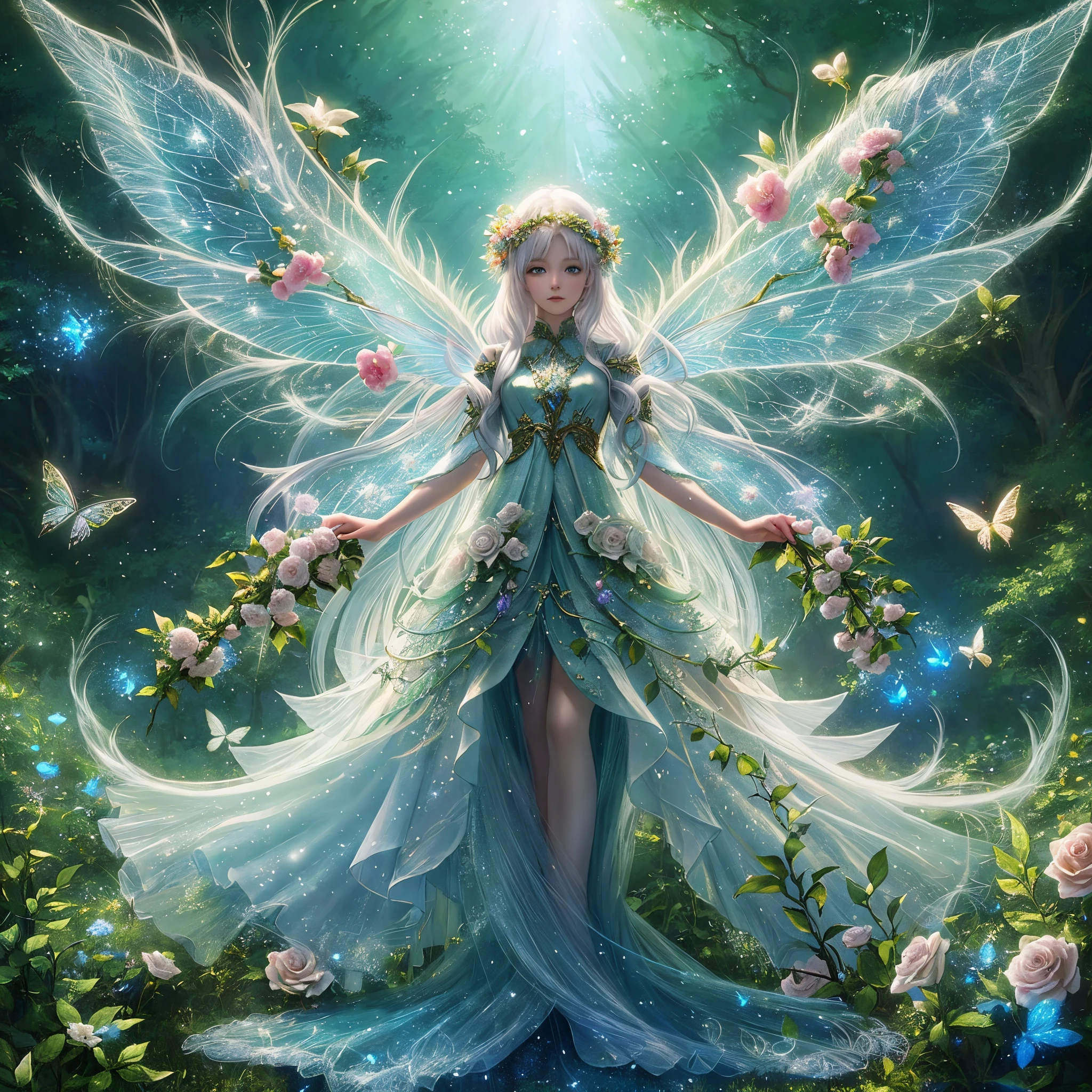 a fairy with white hair and flowers in a forest, beautiful fairy, beautiful fantasy art, very beautiful fantasy art, fairy magnificent, beautiful fairies, beautiful  fairy, queen of the fairies, beautiful fairie, fantasy beautiful, fairy queen, breathtaking fantasy art, ethereal fantasy, beautiful detailed fantasy, faerie, beautiful digital artwork, fairy cgsociety, astral fairy, (masterpiece), (best quality), (best detailed), extremely detailed CG unity 8k wallpaper