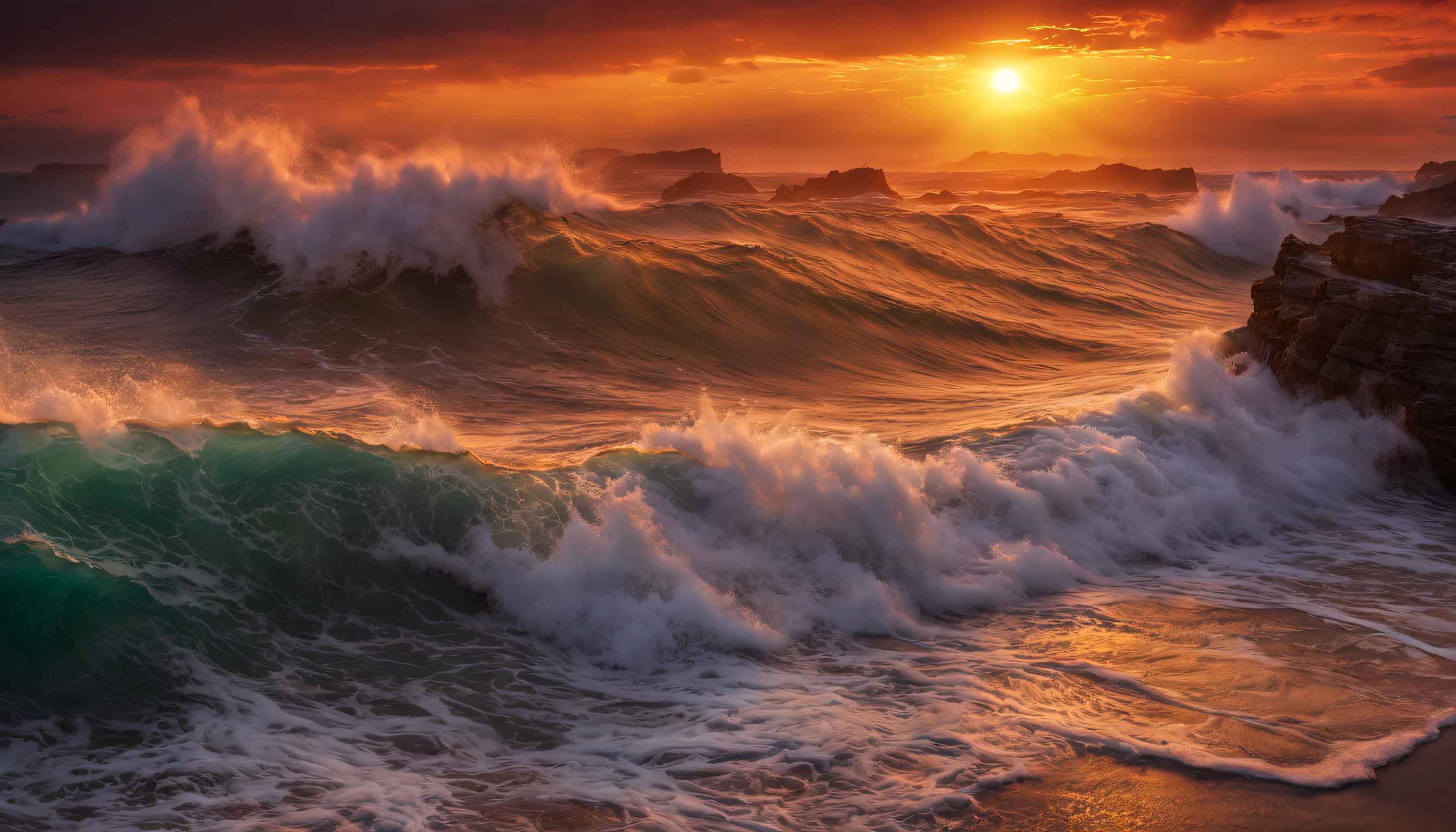 arafed view of a sunset over the ocean with waves crashing, chaotic sea setting, vibrant sunrise, breathtaking colors, breathtaking look, vibrant sunset, breathtaking composition, beautiful sea landscapes, stunning sunset, magnificent background, sunset glow, beautiful background, beautiful dreamy breathtaking, marc adamus, warm beautiful scene, epic sunset, beautiful sunset, beautiful sunset glow, beautiful ocean