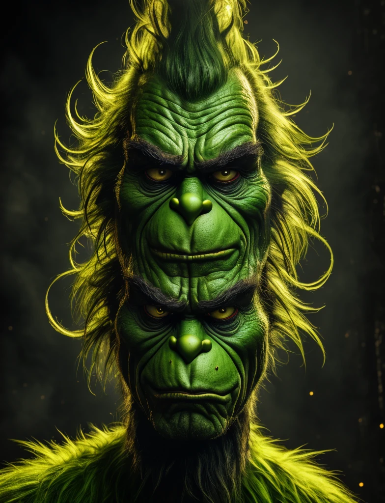 A grinch with smoke and mirrors, (best quality, highres, ultra-detailed) realistic portrait of the grinch, green smoke surrounding the grinch's face, detailed facial expression and wrinkles of the grinch, magical atmosphere, mysterious lighting, intense eyes, mischievous smile, smoky background, vivid colors, (horror, dark fantasy) style