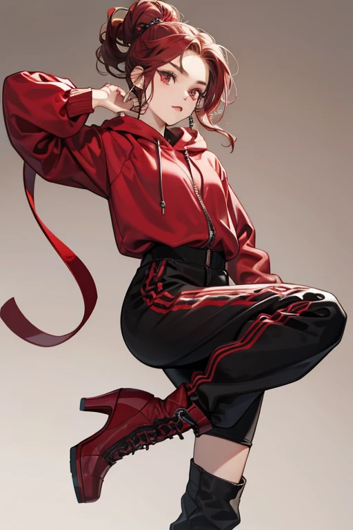 Scarlet has a medium build with light red skin, small light brown eyes, and angular maroon eyebrows. Her hair is long and wavy with two twisted buns of her head, being in a maroon color. She also has long edges and baby hairs, bronze and maroon eyeshadow, and maroon lipstick. For her main outfit, Scarlet wears a maroon hoodie that says "STORYWOOD" in silver. She also wears grey sweatpants with zippers on the front. For her footwear, she wears black high heels boots with maroon soles that say "SHADOW" at the top. For accessories, she wears 2 hair clips on each side and big silver hoops earrings.