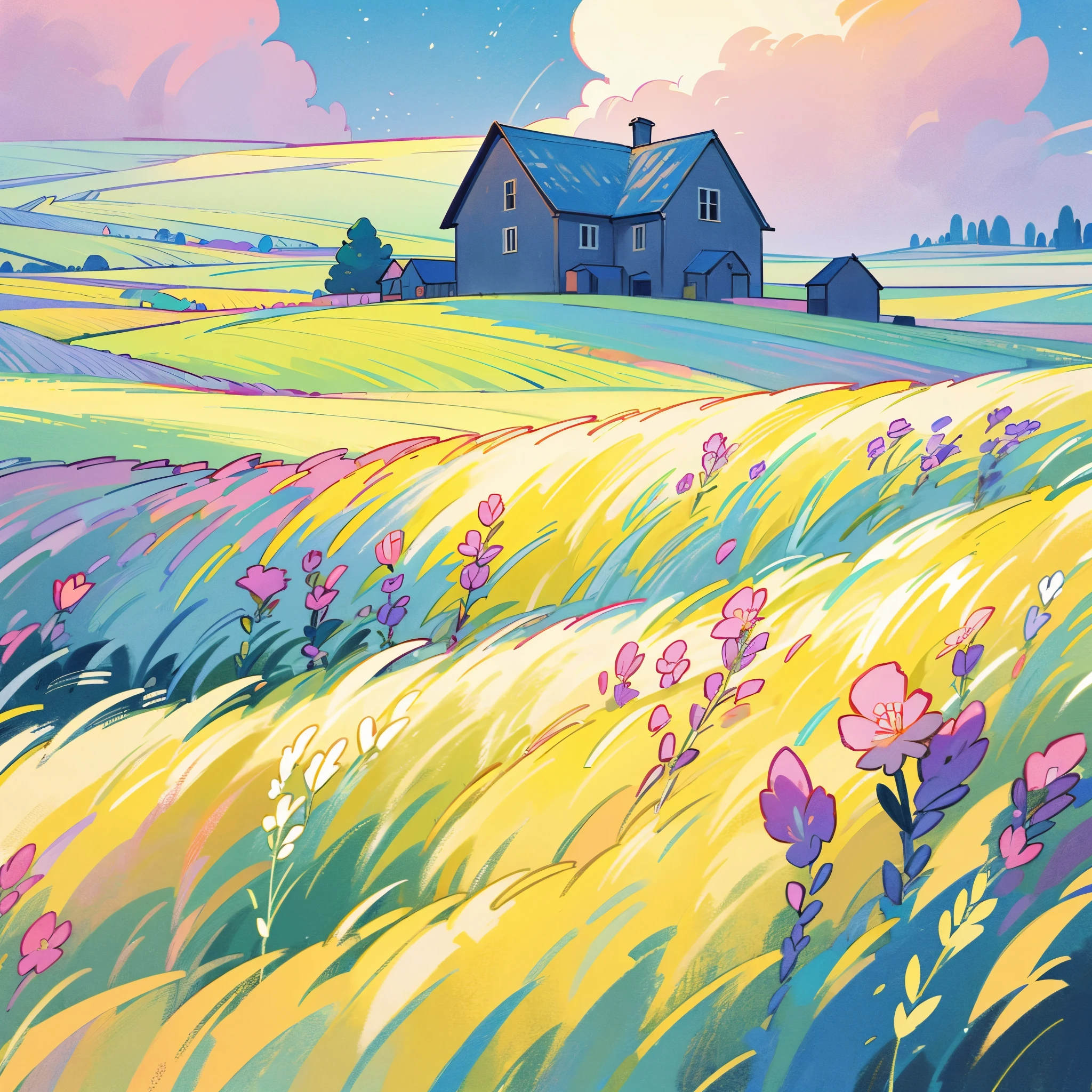 countryside, field, meadow, crop fields, multiple types of flowers and plants, ((farmhouse)), masterpiece, best quality, sharp focus, intricate details, perfection, golden ratio composition, 8k resolution, high resolution, beautiful, beautiful sky, vibrant pastel colors, bright colors