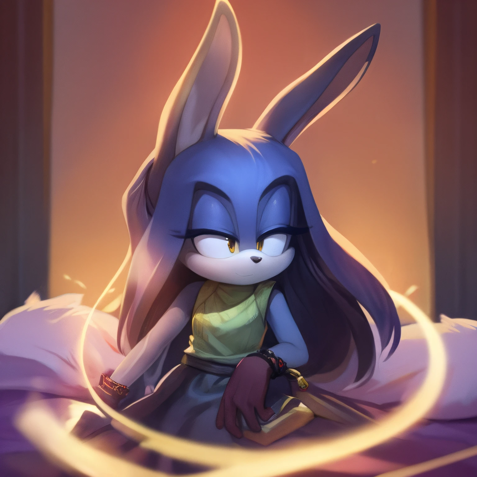 Female, Mobian, Rabbit, Dark Blue fur, Violent and Contemplative