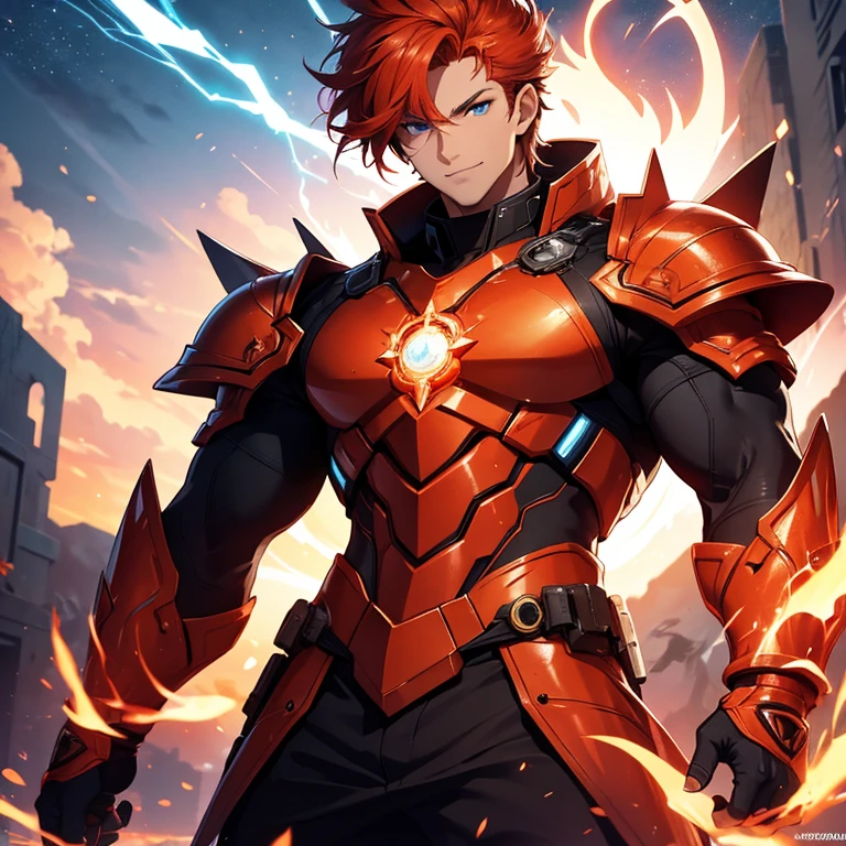 Master piece, 8k, ultra detailed, red armor, fire opal encrusted, muscular man, orange hair, blue eyes, confident smile, full body frame, vulcan eruption and blue lightnings blue light background