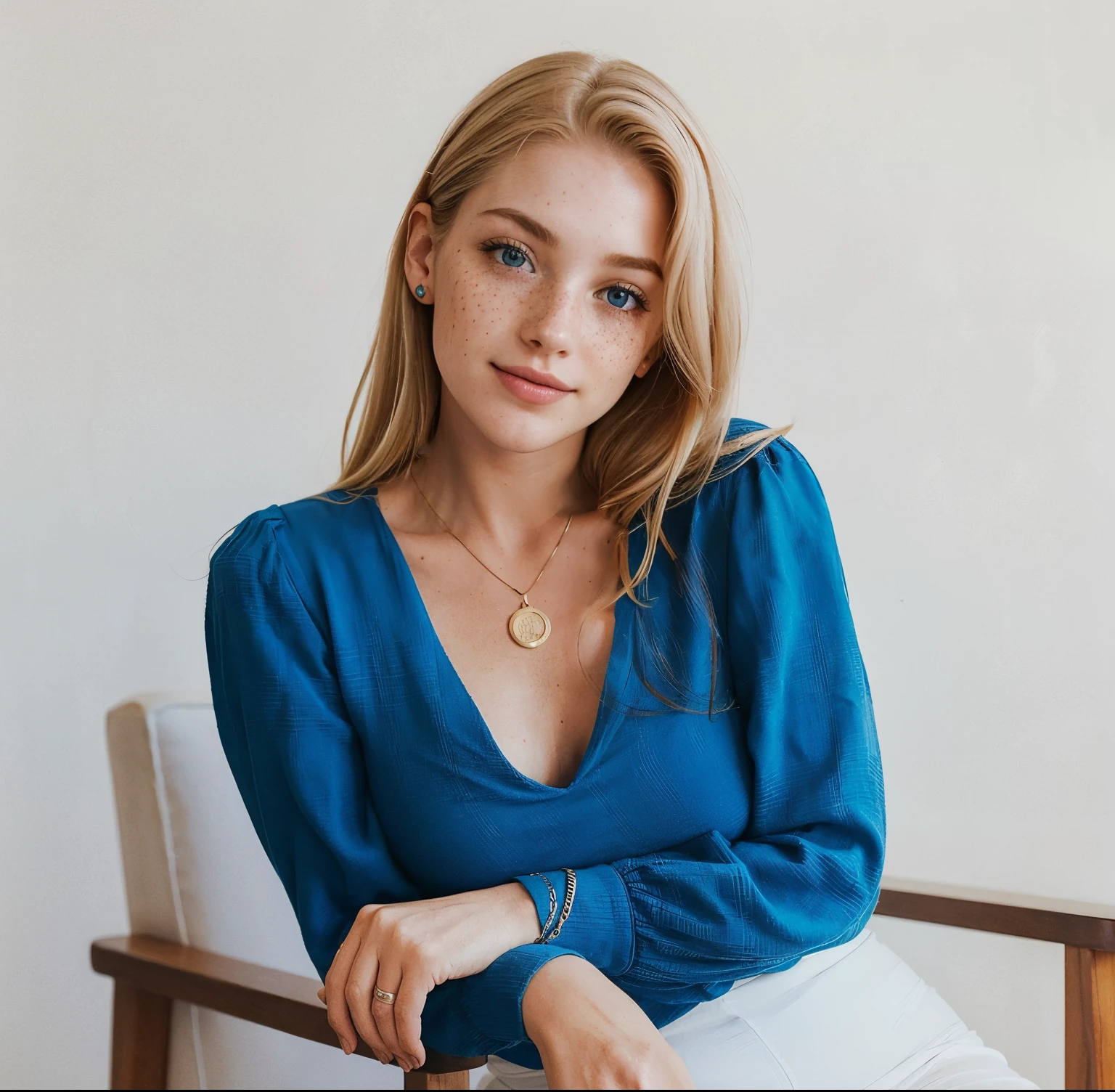 mulher, americana, 25 anos, pale skin and freckles, olhos cinzas, nariz delicado, soft and delicate lips, Cabelo blondie cinza longo e ondulados, sorriso meigo