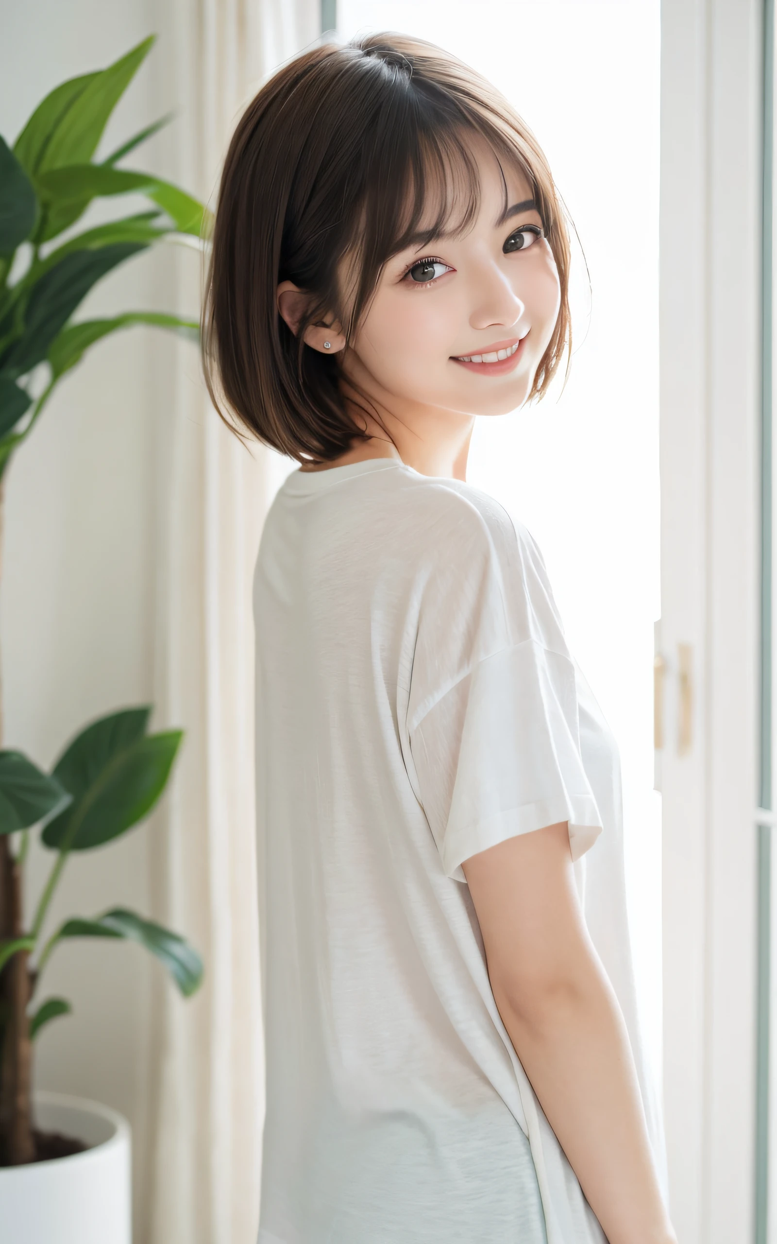 masutepiece, Best Quality, 8K, 1 girl, 20 yo, Full body, Solo, Arch Smile, Cute, Girly, Delicate girl, Neat and clean beauty,  Raw photo, Professional Photography, Portrait, Soft light, Professional Lighting, Back lighting, look forward to your eyes, Sophisticated, Film grain, (Eyes and faces with detailed:1.0), Wearing an oversized T-shirt and nothing else, Short-length floating hair, Beautiful flowing hair,  Indoor