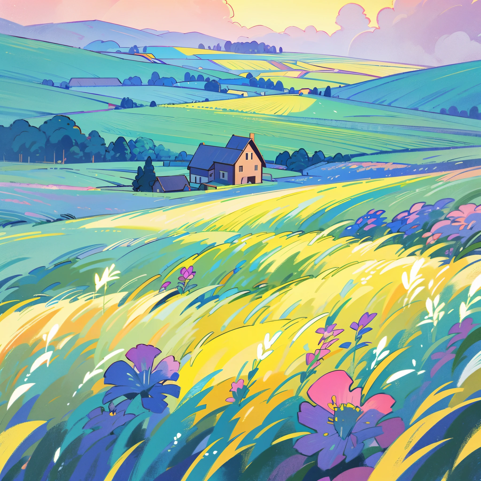 countryside, field, meadow, crop fields, multiple types of flowers and plants, ((farmhouse)), masterpiece, best quality, sharp focus, intricate details, perfection, golden ratio composition, 8k resolution, high resolution, beautiful, beautiful sky, vibrant pastel colors, bright colors