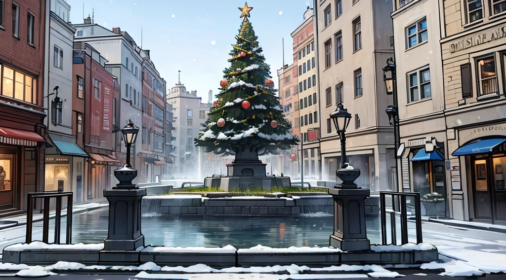 a square with a gray water fountain in the middle seen from the front a little far away, all this in the middle of a city with Christmas decorations, And the whole place will be snowing and a little covered with snow.