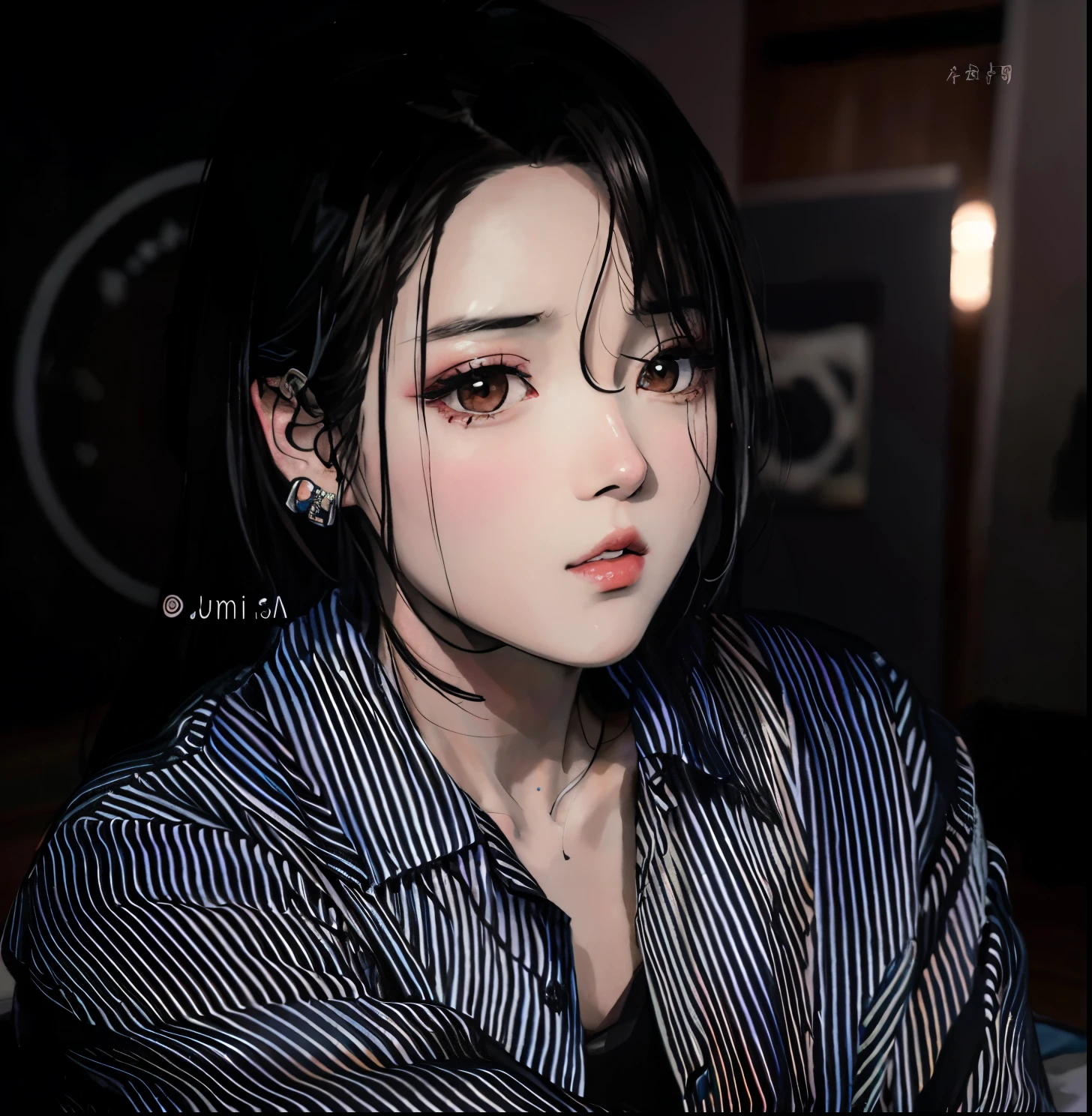 un primer plano de una persona con una camisa blanca y negra, Cai Xukun, fotorrealista!!!!!!! Artistic style, Jung Jaehyun, 🤤 girl portrait, [ Realistic photography ], realismo artstyle, Retrato de alta calidad, inspirado por Yanjun Cheng, Capturado con Canon EOS R 6, inspirado por Kim Deuk-sin, Estilo de realismo de anime, realistic artistic style