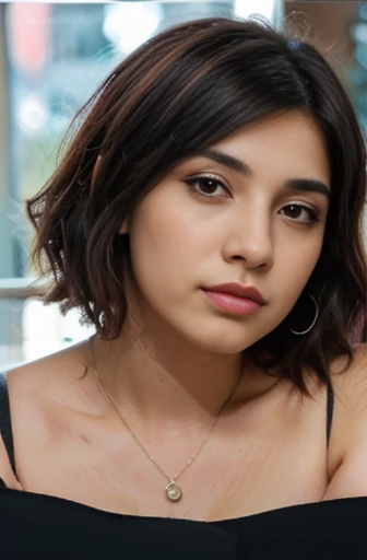 (Hermosa Emo mujer latina, cabello corto, cabello ondulado y desordenado, labios gruesos, Arriba Rosa, escote profundo, mirada coqueta, sentada en una silla, en un salon de clases, (alta calidad, 4k, ultra detallado, fotorrealista:1.37), (retrato, colores vibrantes), (warm tones), (Soft lighting)