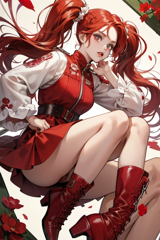 Rosie has a medium build with extremely light red skin and long bright red hair worn in straight pigtails. She also has narrowly shaped hazel eyes, faded bright red eyebrows, bright red eyeshadow, and metallic bright red lipstick. Her outfit consists of a bright red lacy crop sleeve dress with a very long fuzzy white jacket with lots of embroidered bright red flowers on it. She also wears bright red tall heel boots with white soles and zipper details. Alongside this, she also wears metallic silver earrings, and her nails are painted bright red.