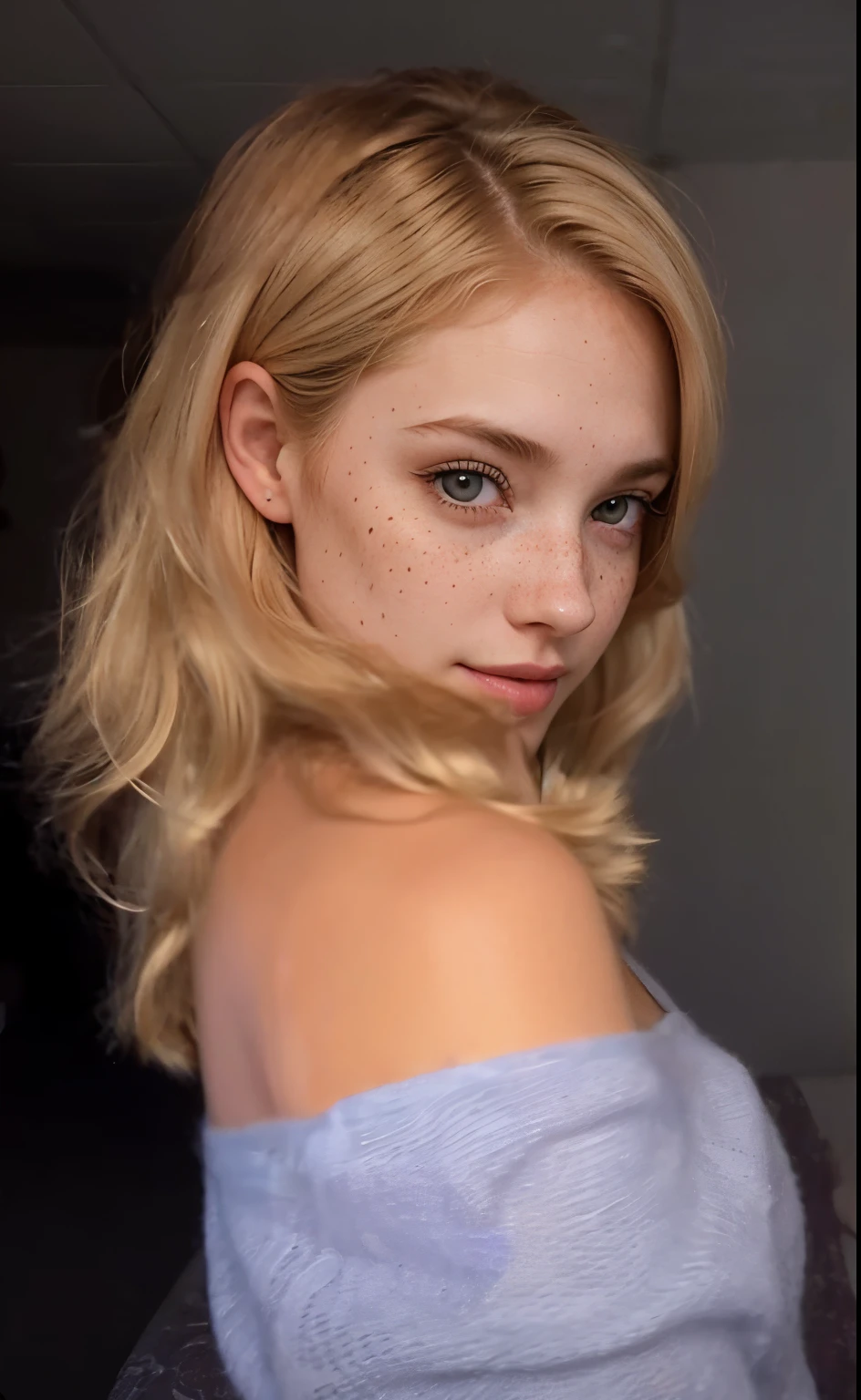 mulher, americana, 25 anos, pale skin and freckles, olhos cinzas, nariz delicado, soft and delicate lips, Cabelo blondie cinza longo e ondulados, sorriso meigo