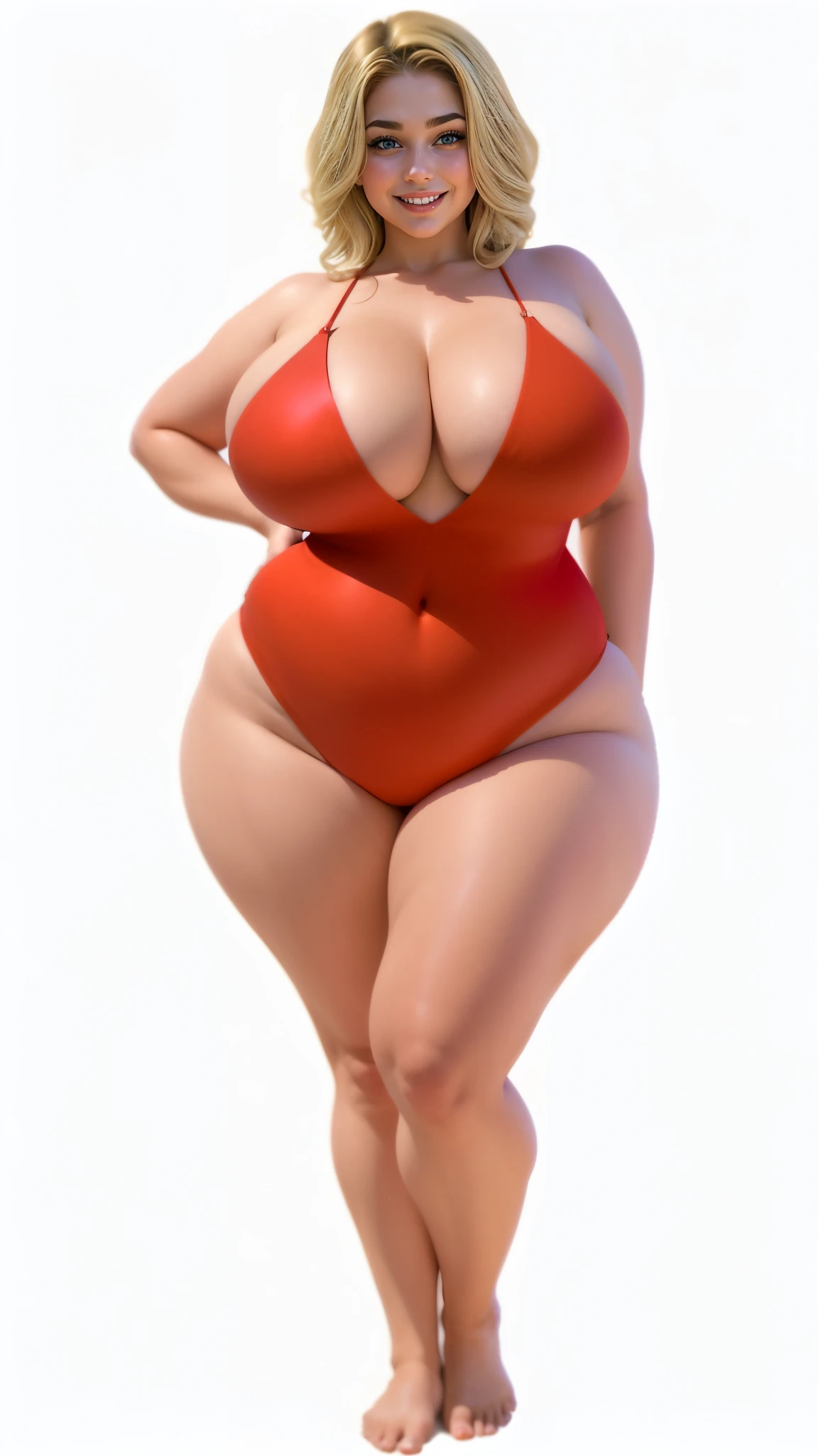 Beautiful European Caucasian girl in a red swimsuit poses for a photo, Gentle smile、Erotic smile、(Big Tits,wide-hips,Plus Size、Voluptuous body:1.5)、wearing a swimming wear, Swimsuit, curvy hourglass figure, oppai proportions, hyperrealistic full figure, Photorealistic perfect body, Red bikini, pinup body, swimsuit model, oppai, red body suit, Chic, thick body, curvy figure